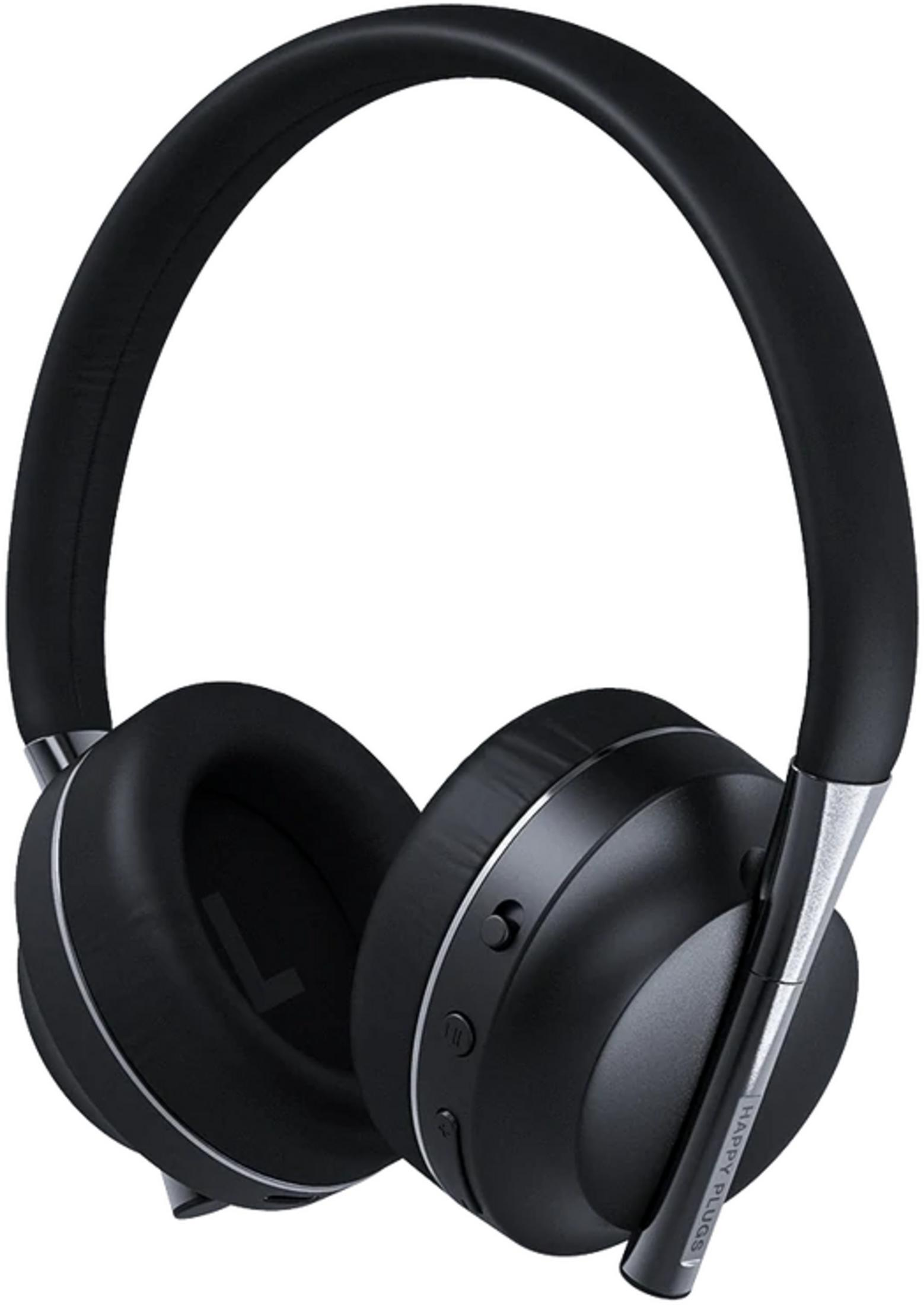 Schwarze Over-Ear-Kopfhörer mit silbernen Akzenten und sichtbaren Knöpfen.