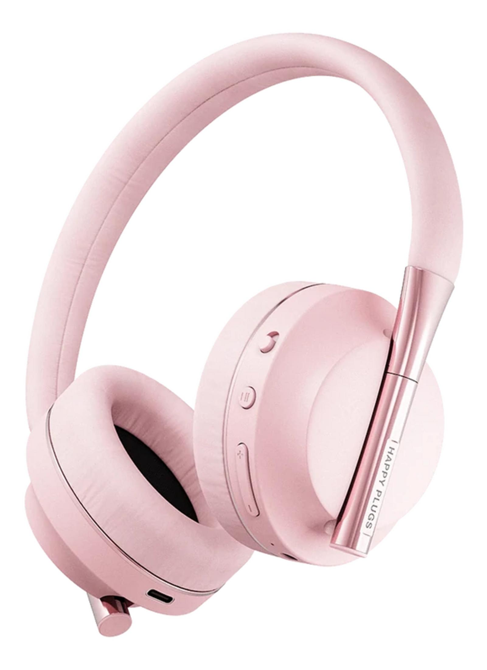 Un paio di cuffie rosa con accenti argentati e marchio.