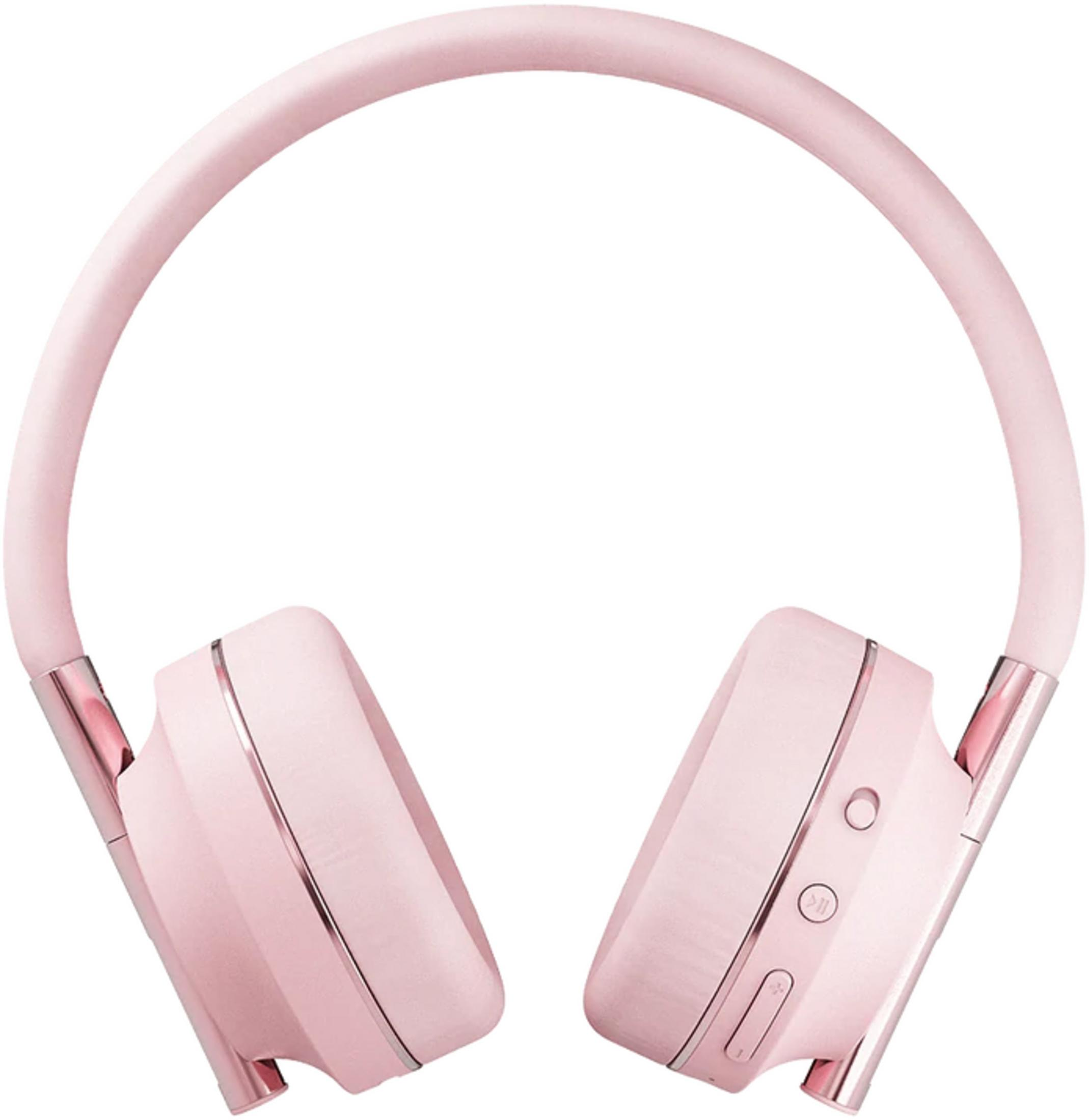 Un paio di cuffie rosa con accenti argentati su sfondo bianco.