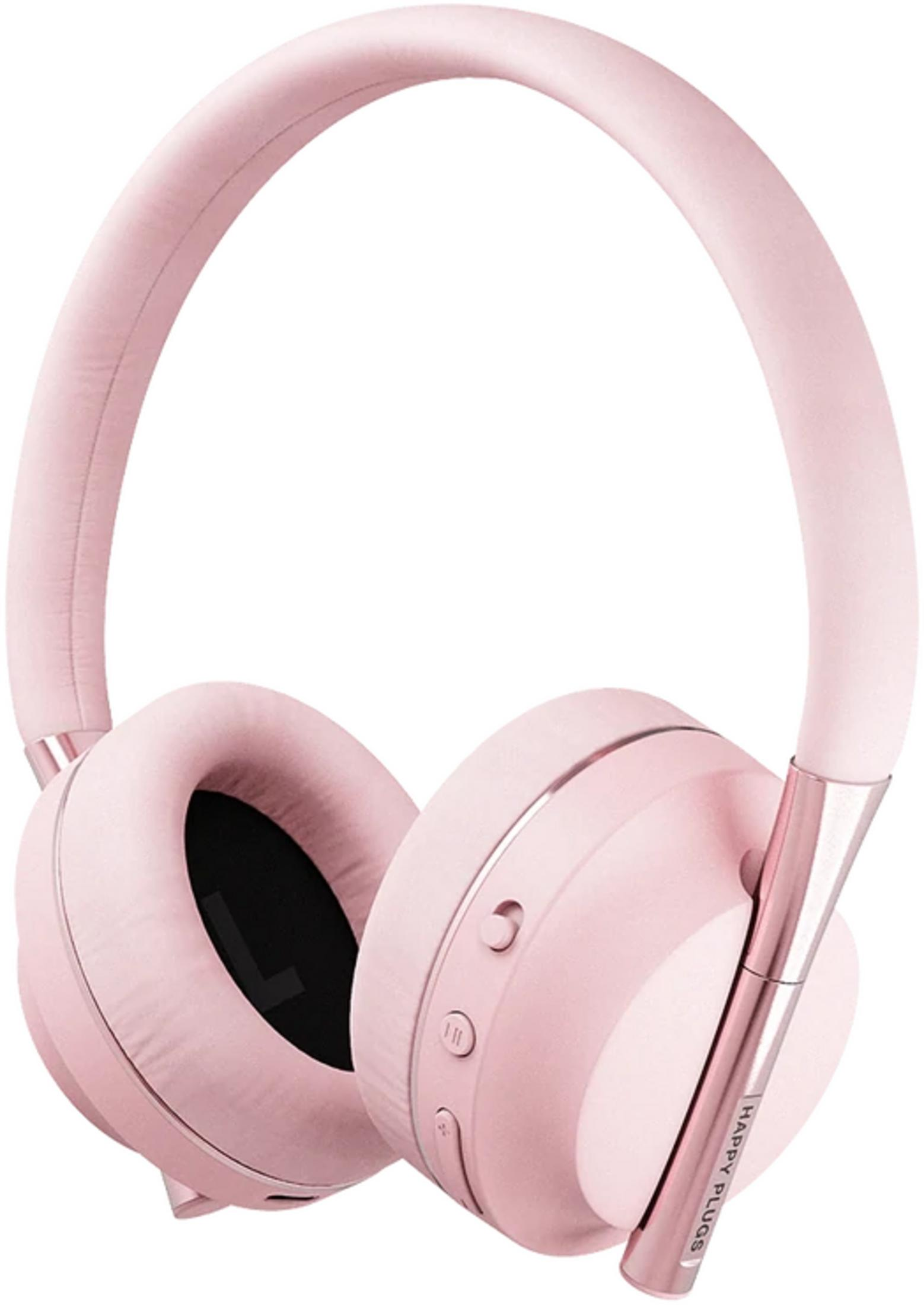 Cuffie rosa con accenti oro rosa, su sfondo bianco.