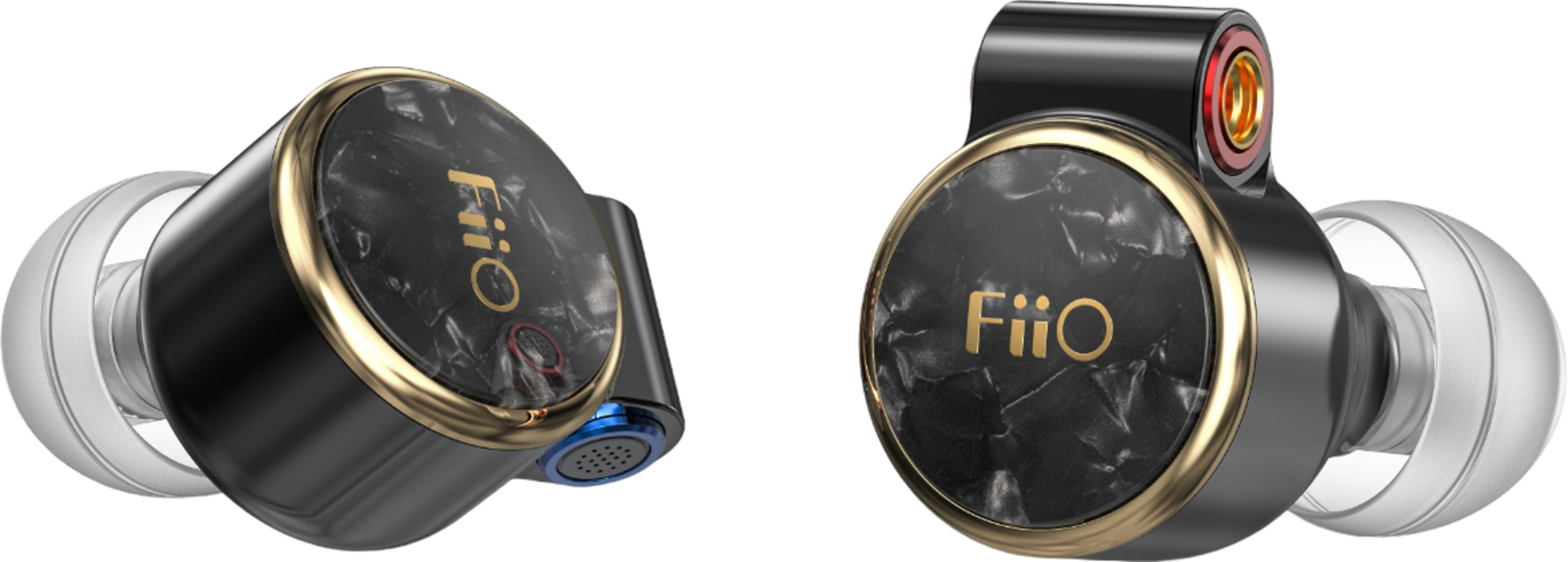 Auricolari FiiO neri con motivo marmorizzato e finiture dorate.
