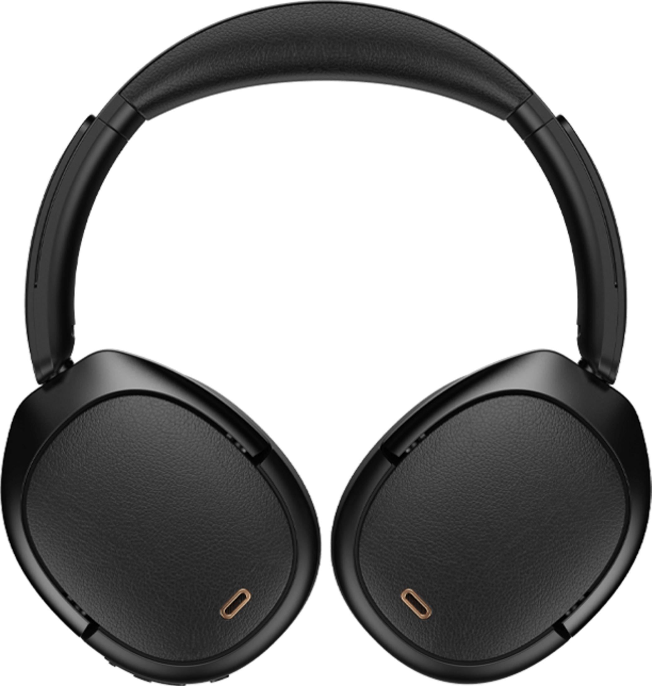 Schwarze Over-Ear-Kopfhörer mit gepolstertem Kopfbügel und texturierten Ohrmuscheln.