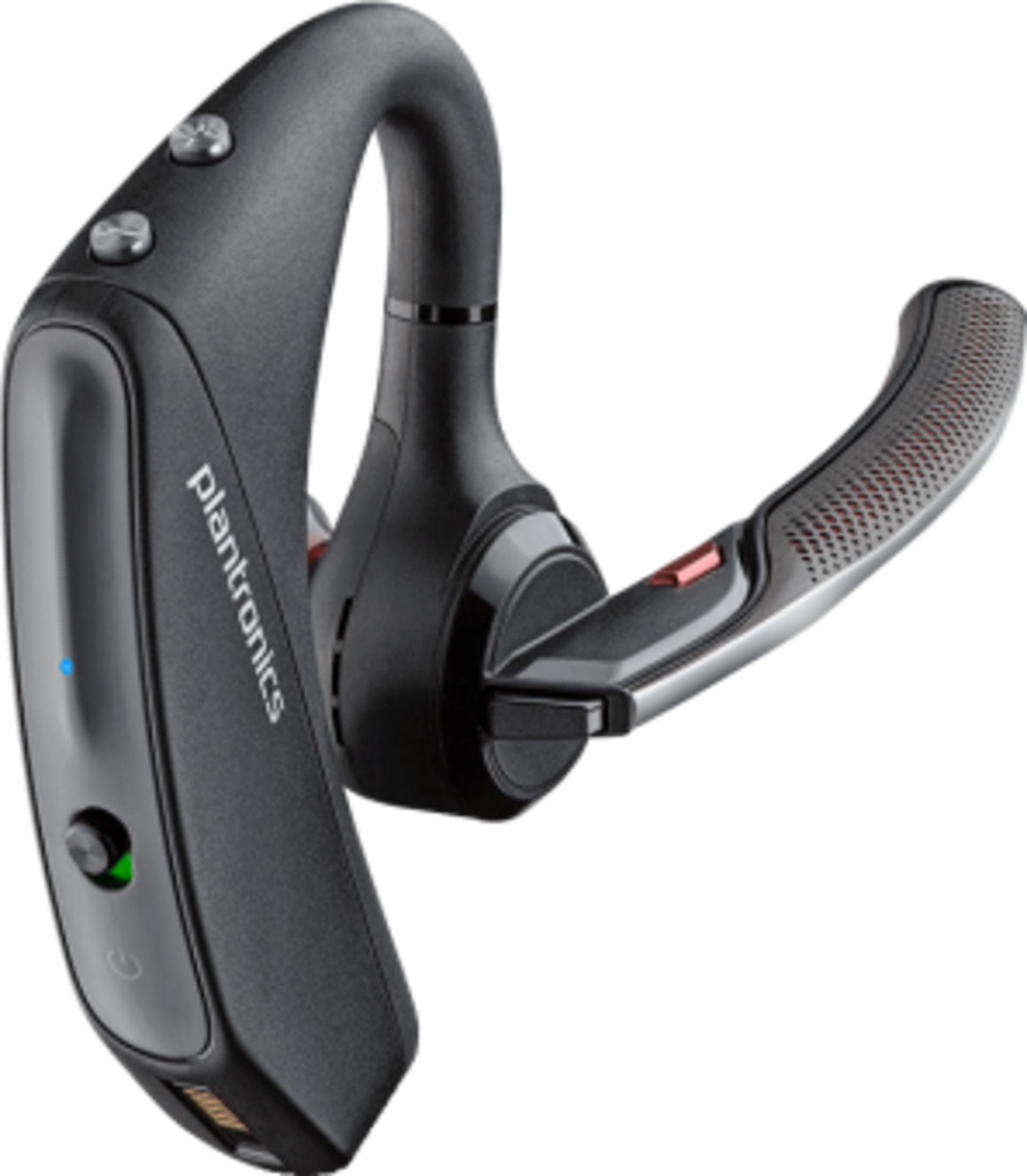Un auricolare Bluetooth Plantronics nero con luce blu e accenti rossi.