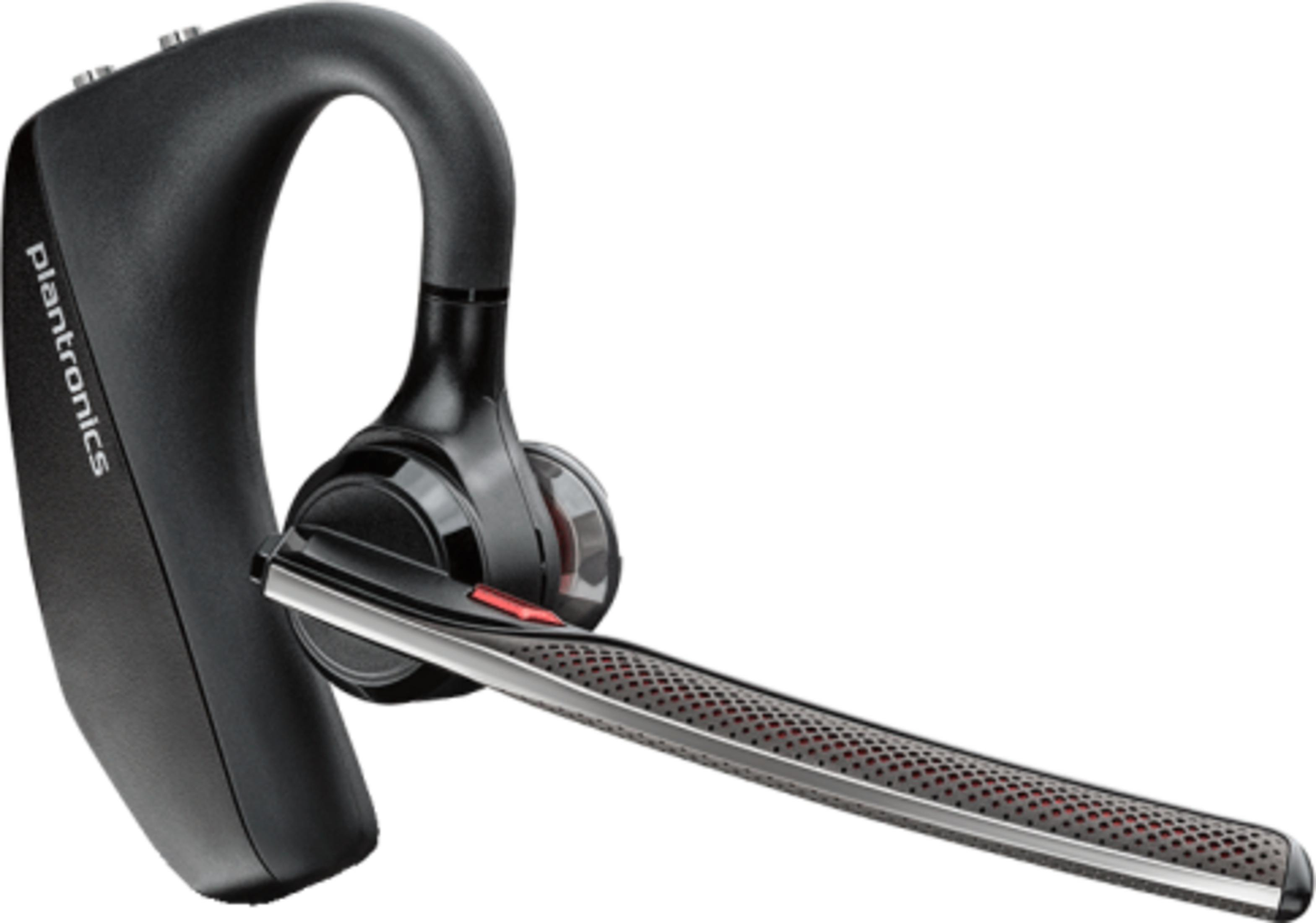 Auricolare Bluetooth Plantronics nero con accenti argentati e motivo a rete rossa.