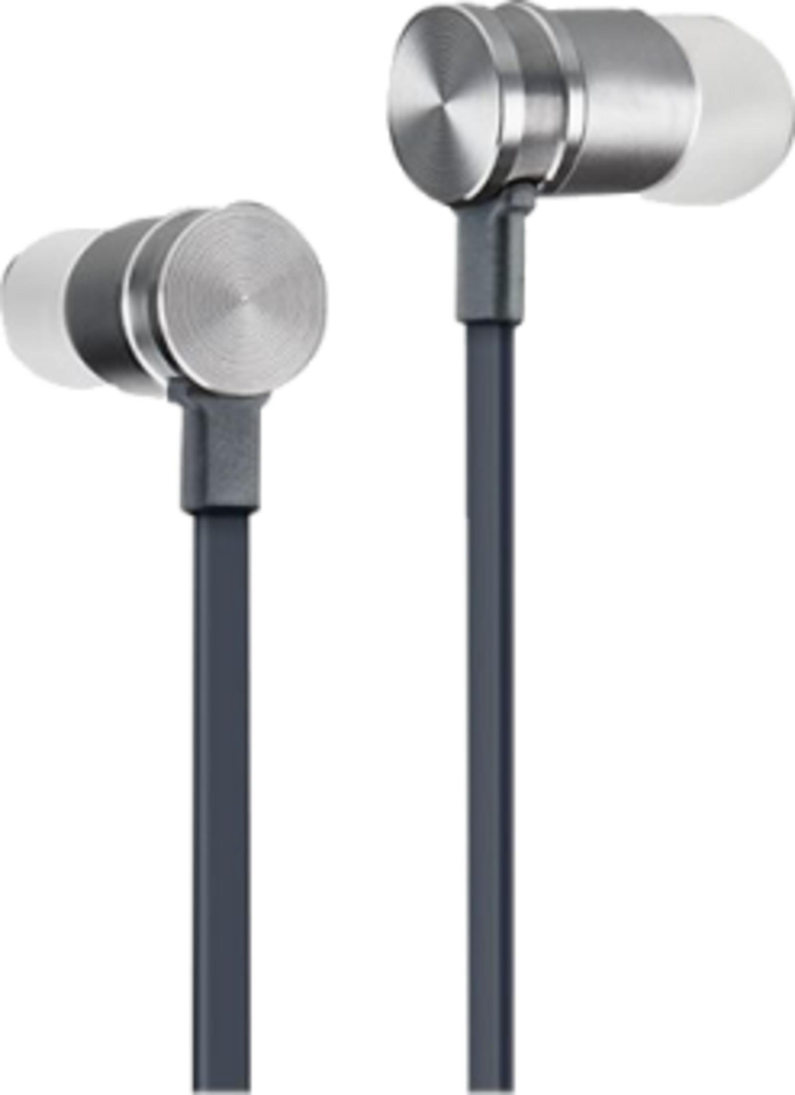 Due auricolari in-ear argentati con cavi grigi su sfondo bianco.
