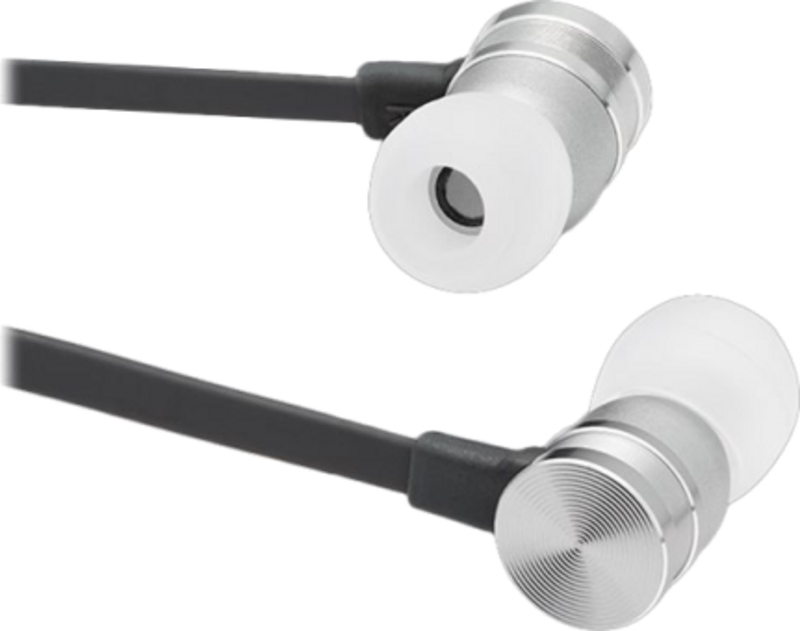 Due auricolari argentati con cavi neri e gommini bianchi.