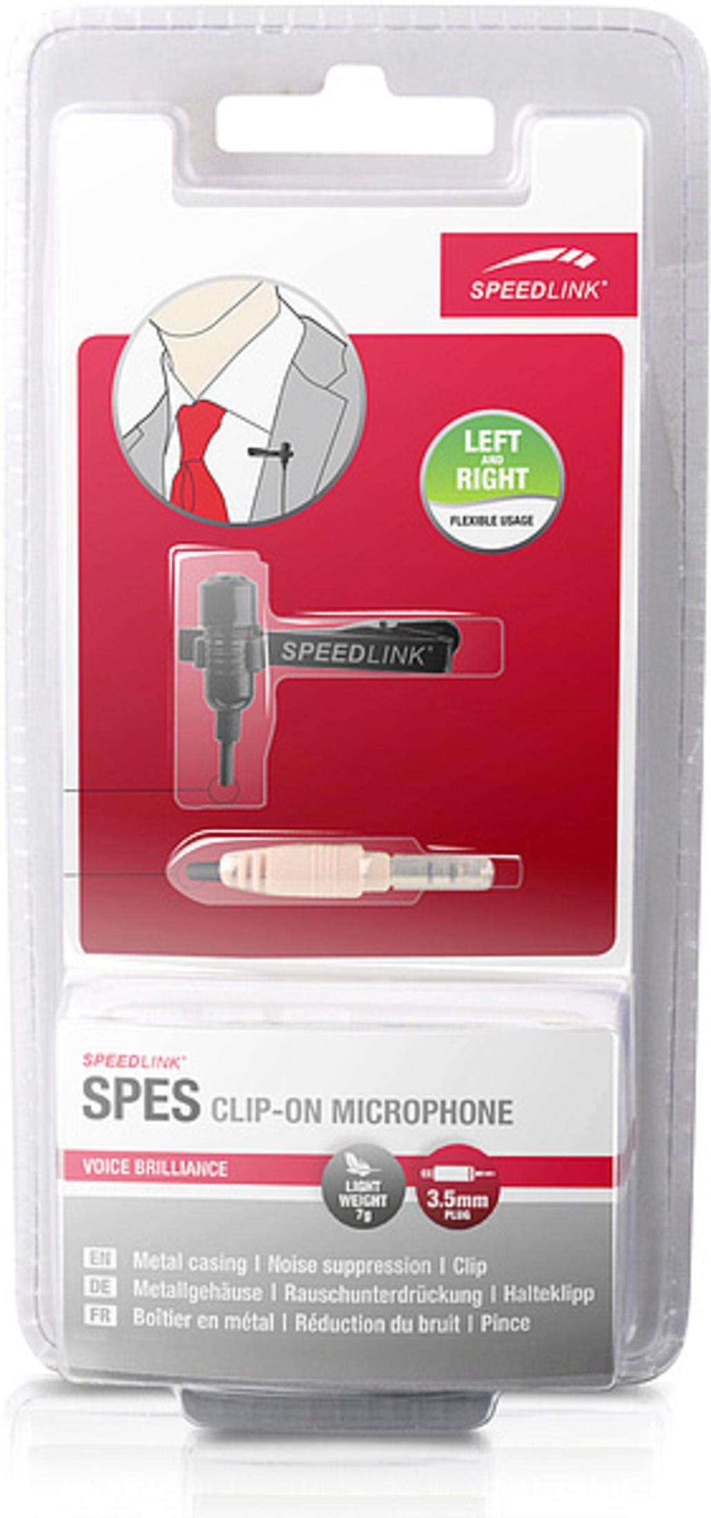 Verpackung eines Speedlink SPES Clip-On Mikrofons mit Zubehör.
