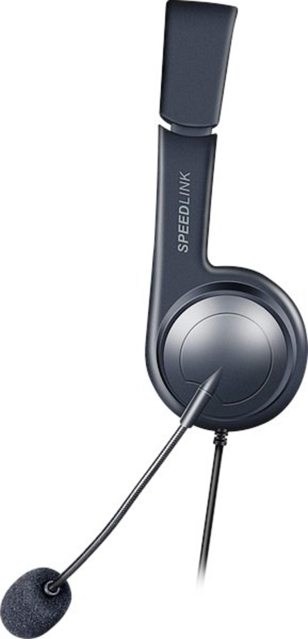 Ein schwarzes Headset mit Mikrofon und dem Schriftzug SPEEDLINK.