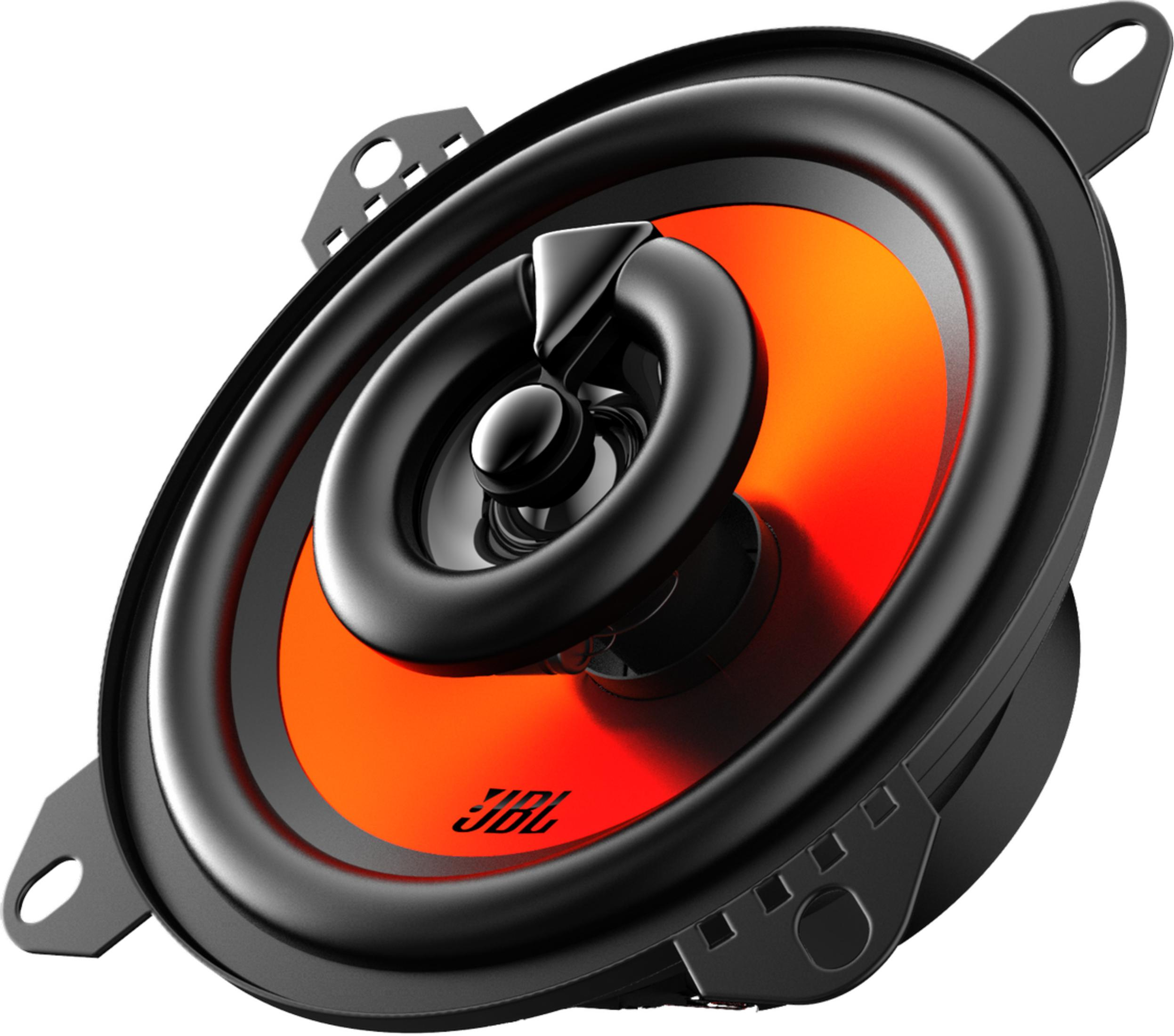 Haut-parleur noir avec cône orange et logo JBL, doté de supports.
