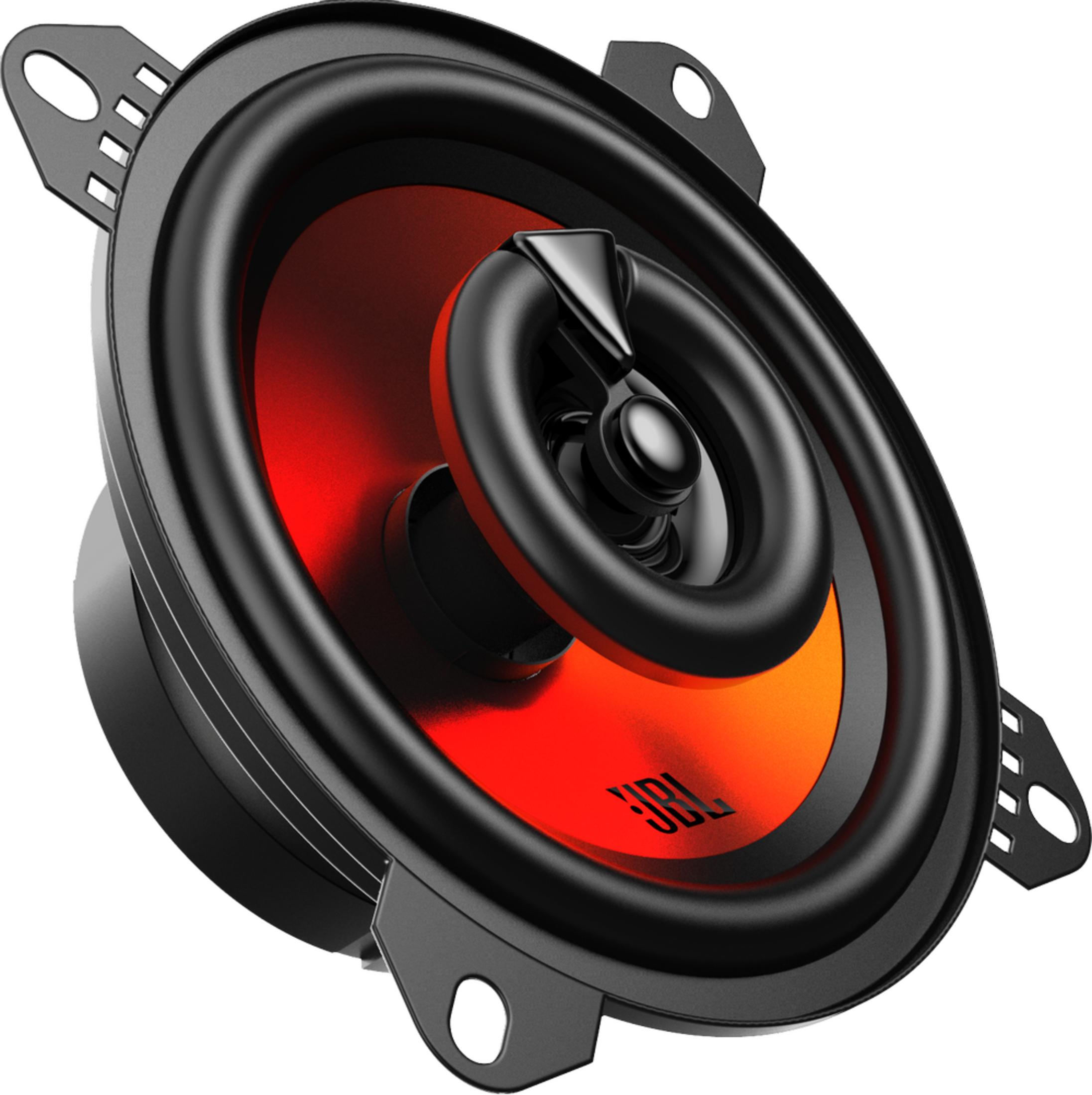 Haut-parleur noir avec cône rouge/orange et logo JBL.