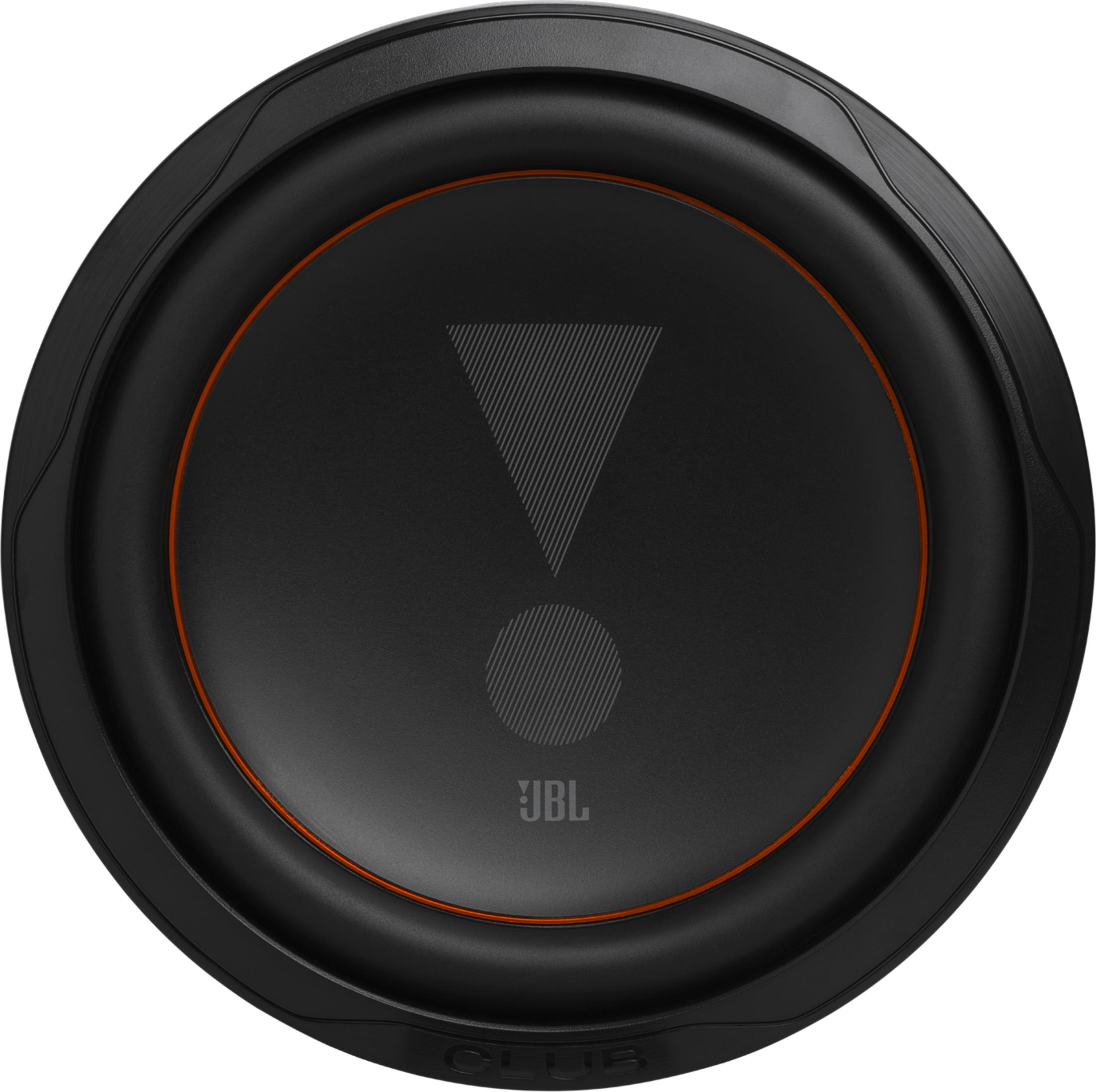 Schwarzer Subwoofer mit orangenem Ring und JBL-Logo.