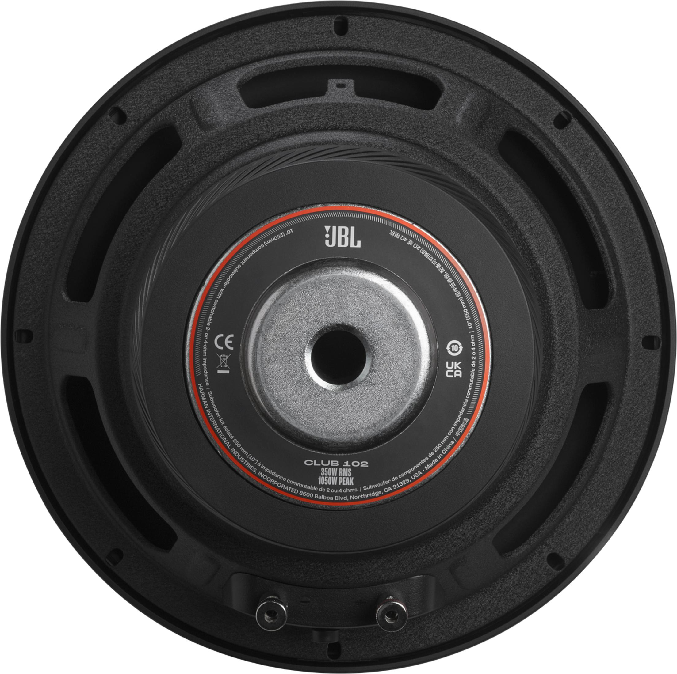 Rückseite eines schwarzen JBL Subwoofers mit silbernen Details und Beschriftungen.