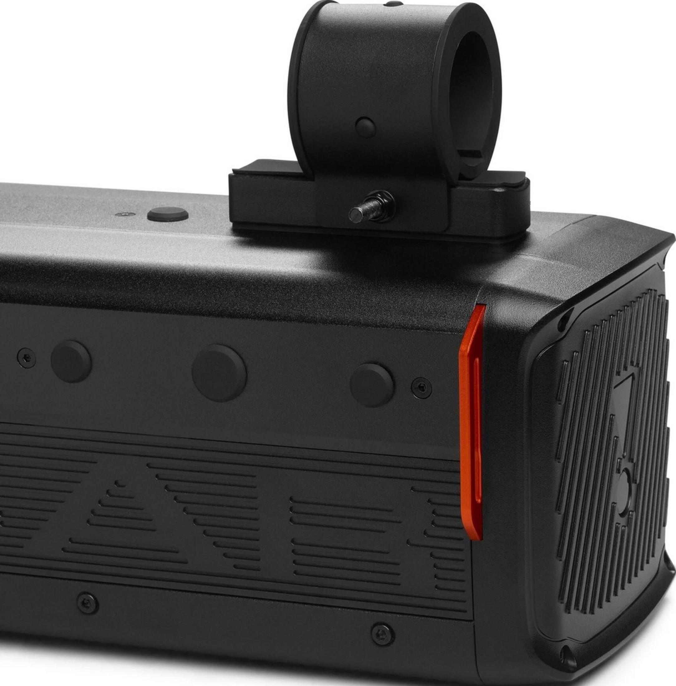 A black Bluetooth speaker with an orange handle and attachment mount.