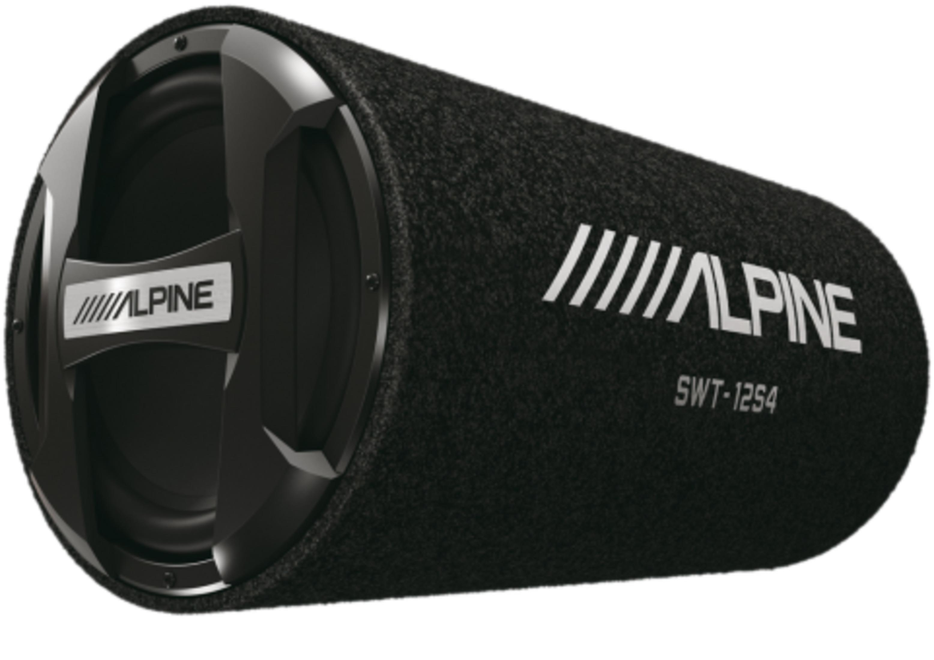 Schwarzer zylindrischer Subwoofer mit Alpine-Logo und Modellnummer SWT-1254.