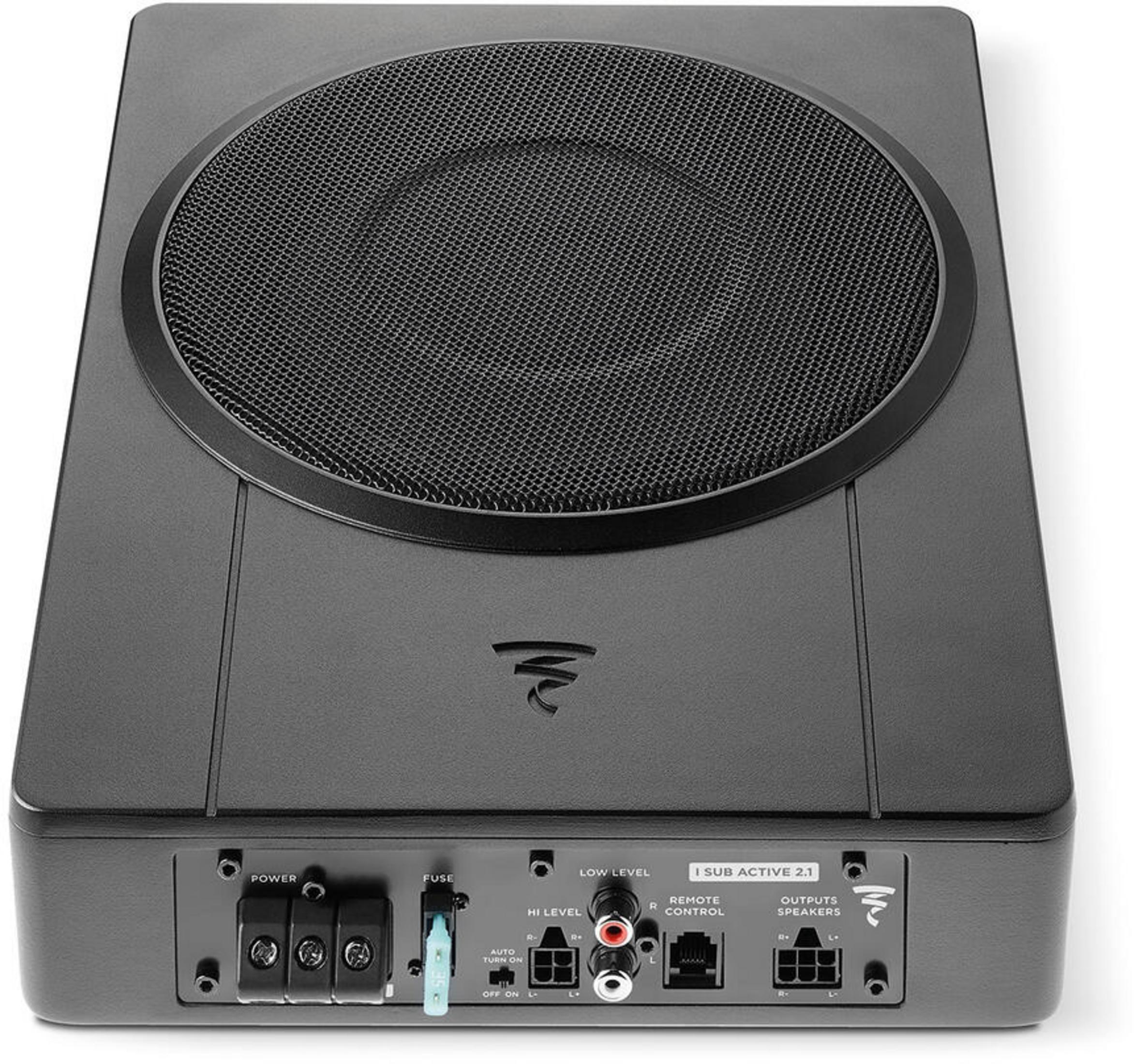 Schwarzer Subwoofer mit Lautsprechergrill und Anschlusspanel.