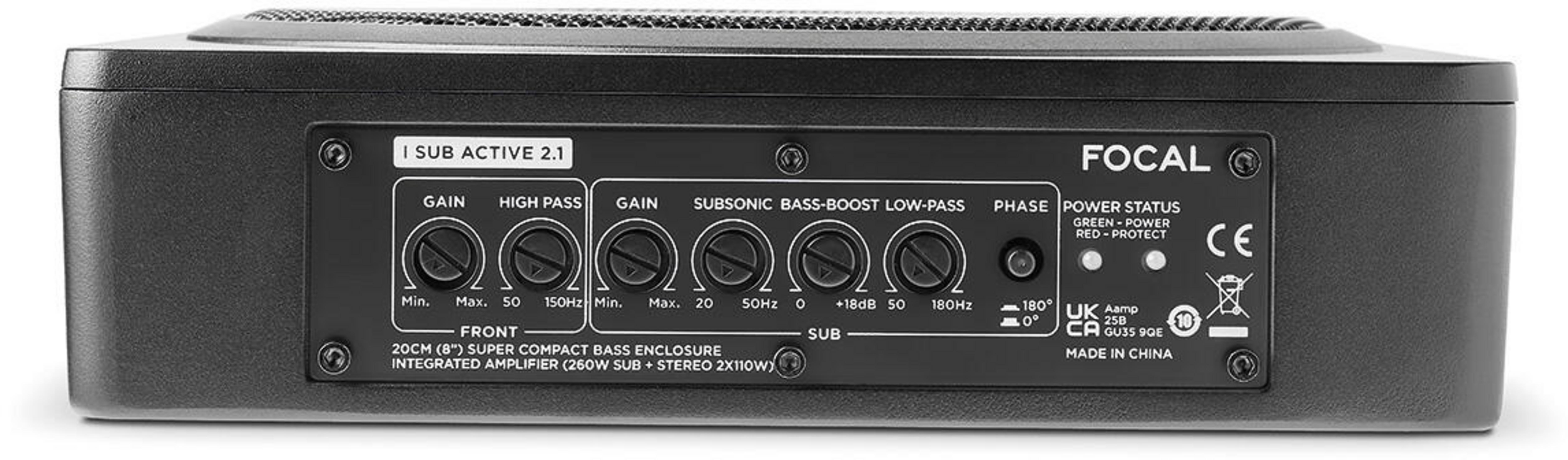 Schwarzer Subwoofer mit Bedienelementen: Gain, High Pass, Subsonic, Phase. Focal Logo.
