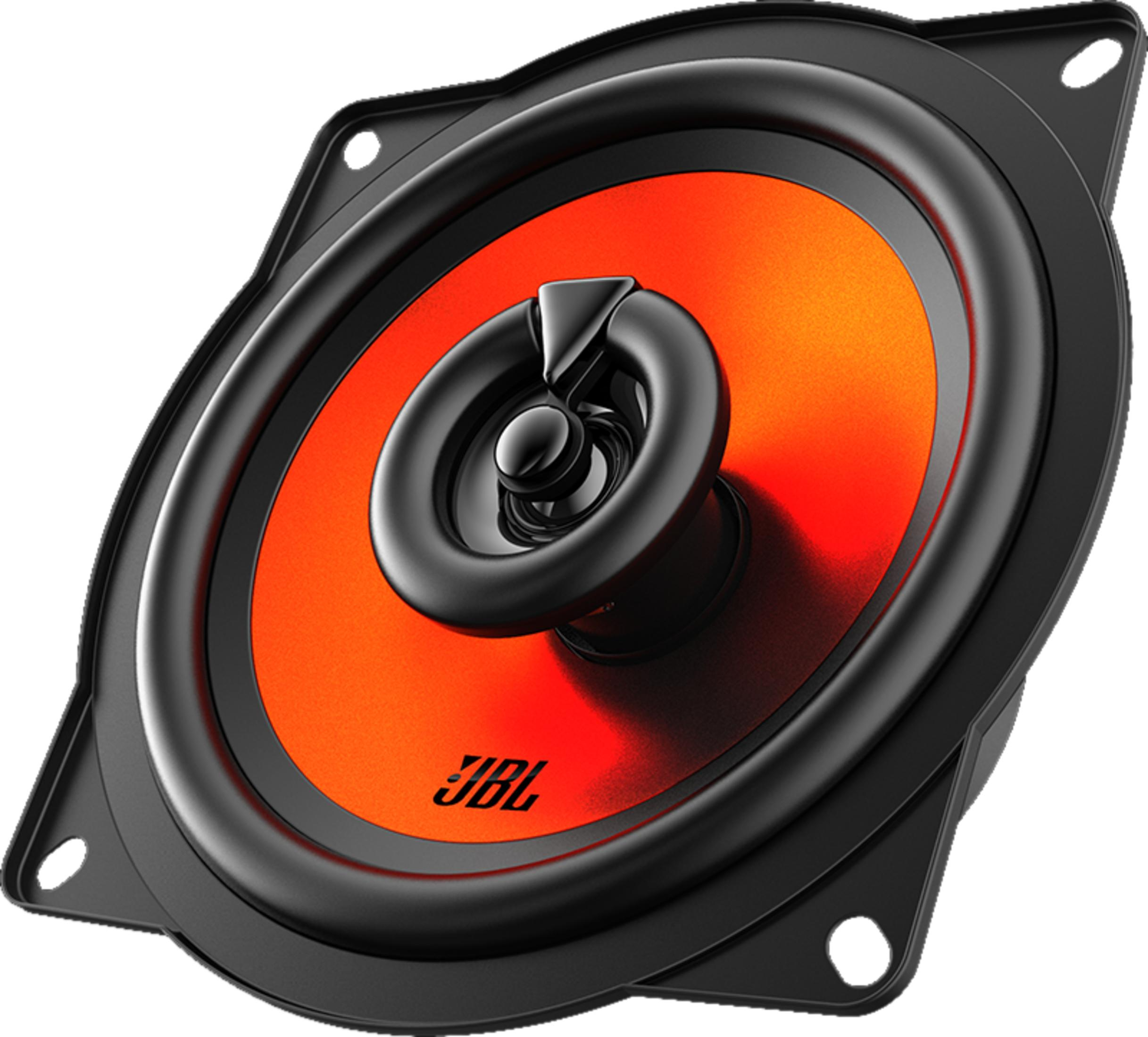 Haut-parleur noir avec cône orange et logo JBL. Il a un tweeter métallique.