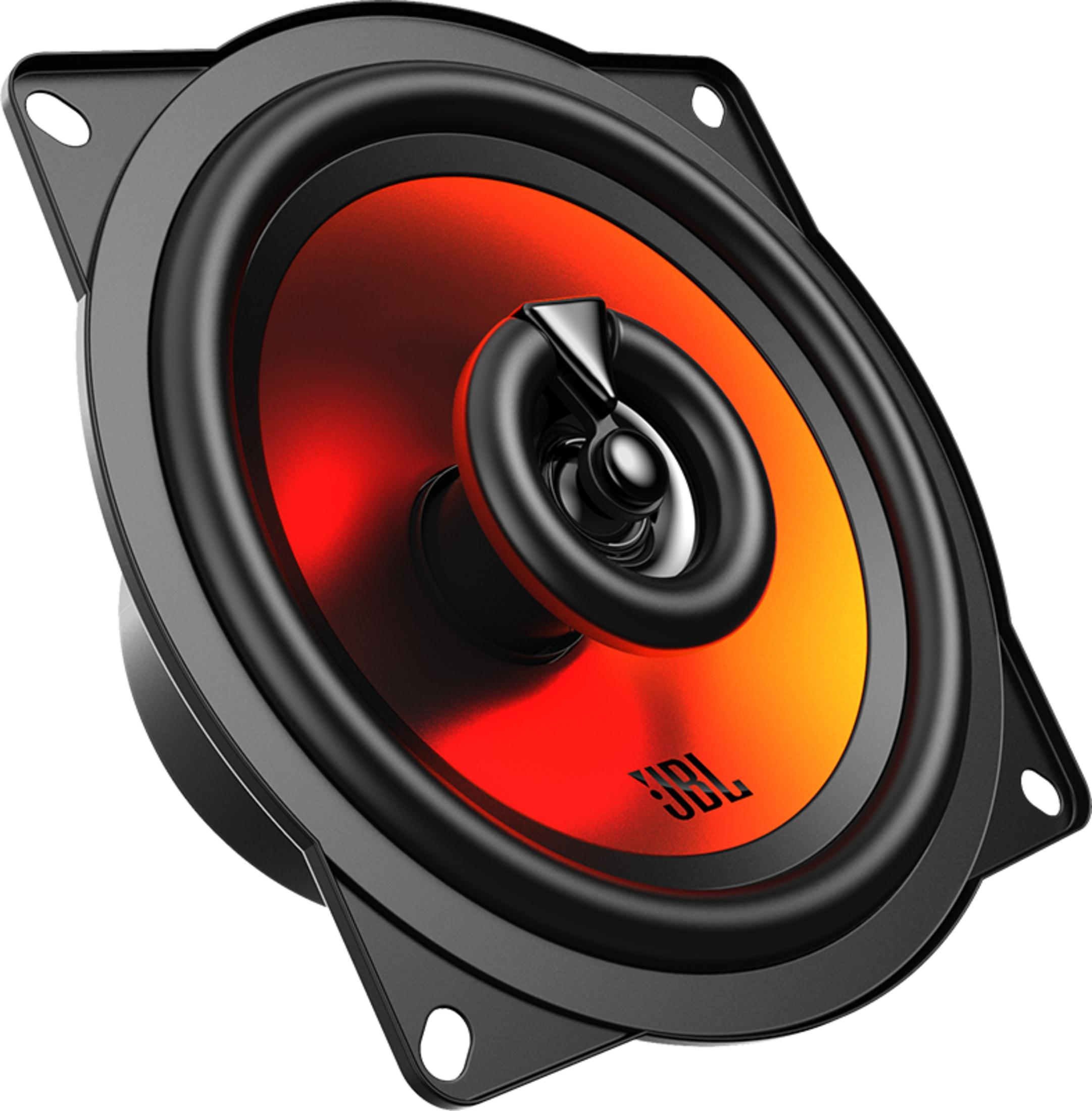 Haut-parleur noir avec cône rouge et orange, fond blanc.