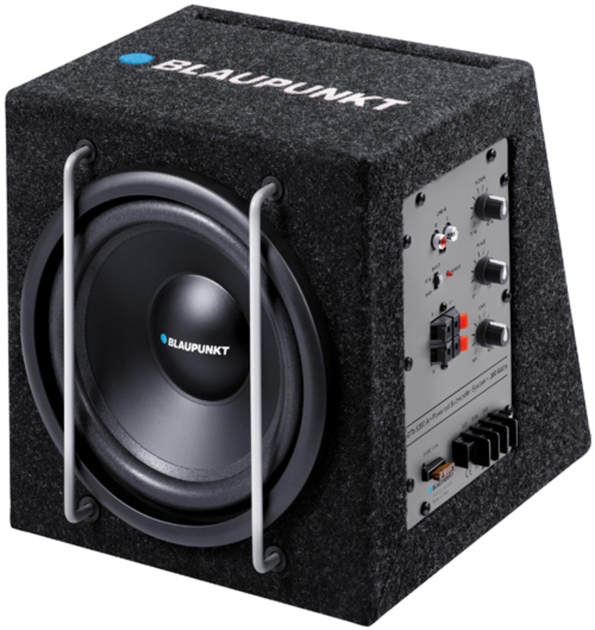 Ein schwarzer Subwoofer mit blauem Blaupunkt-Logo und silbernen Bedienelementen.