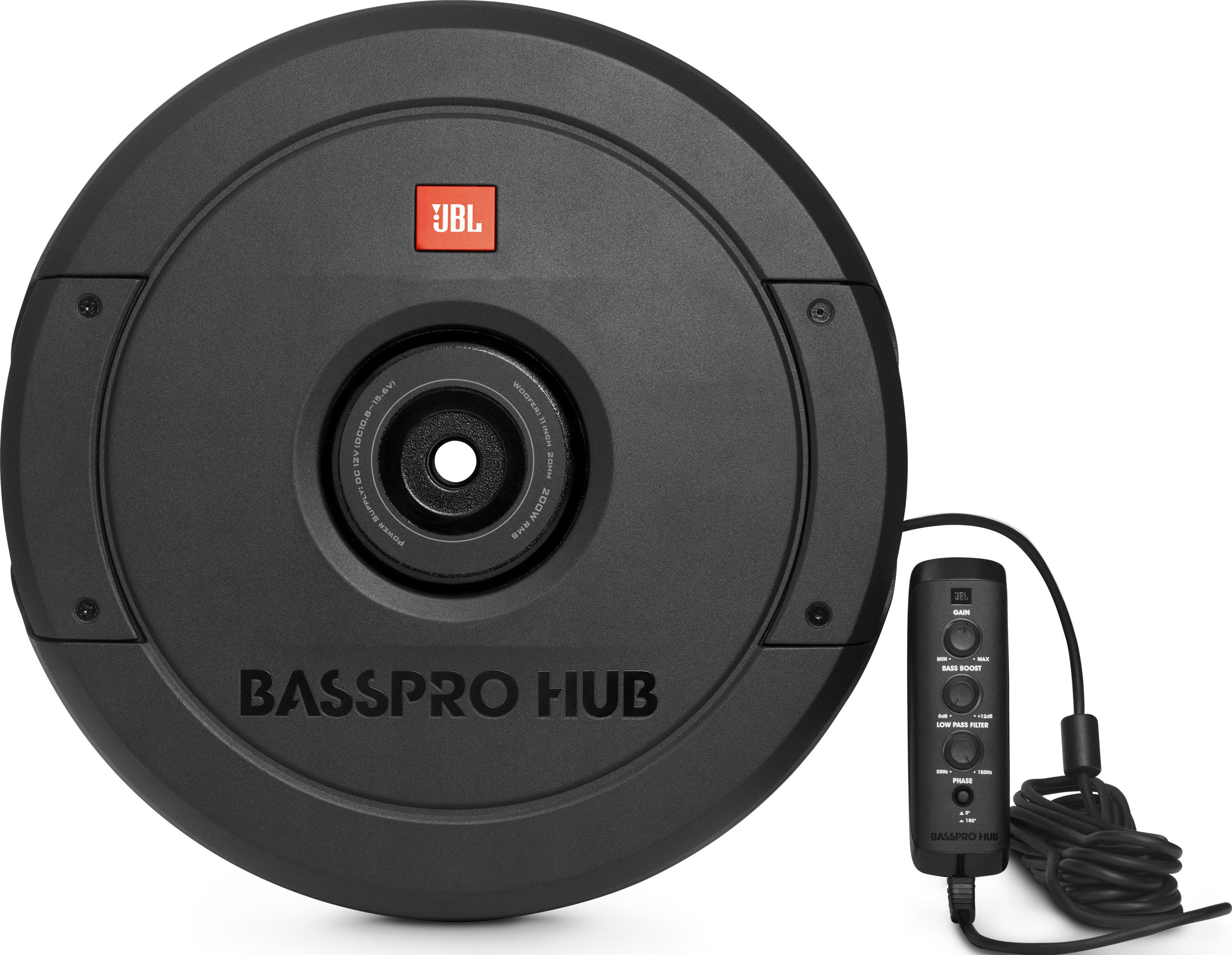 Un subwoofer JBL BassPro Hub nero con telecomando.