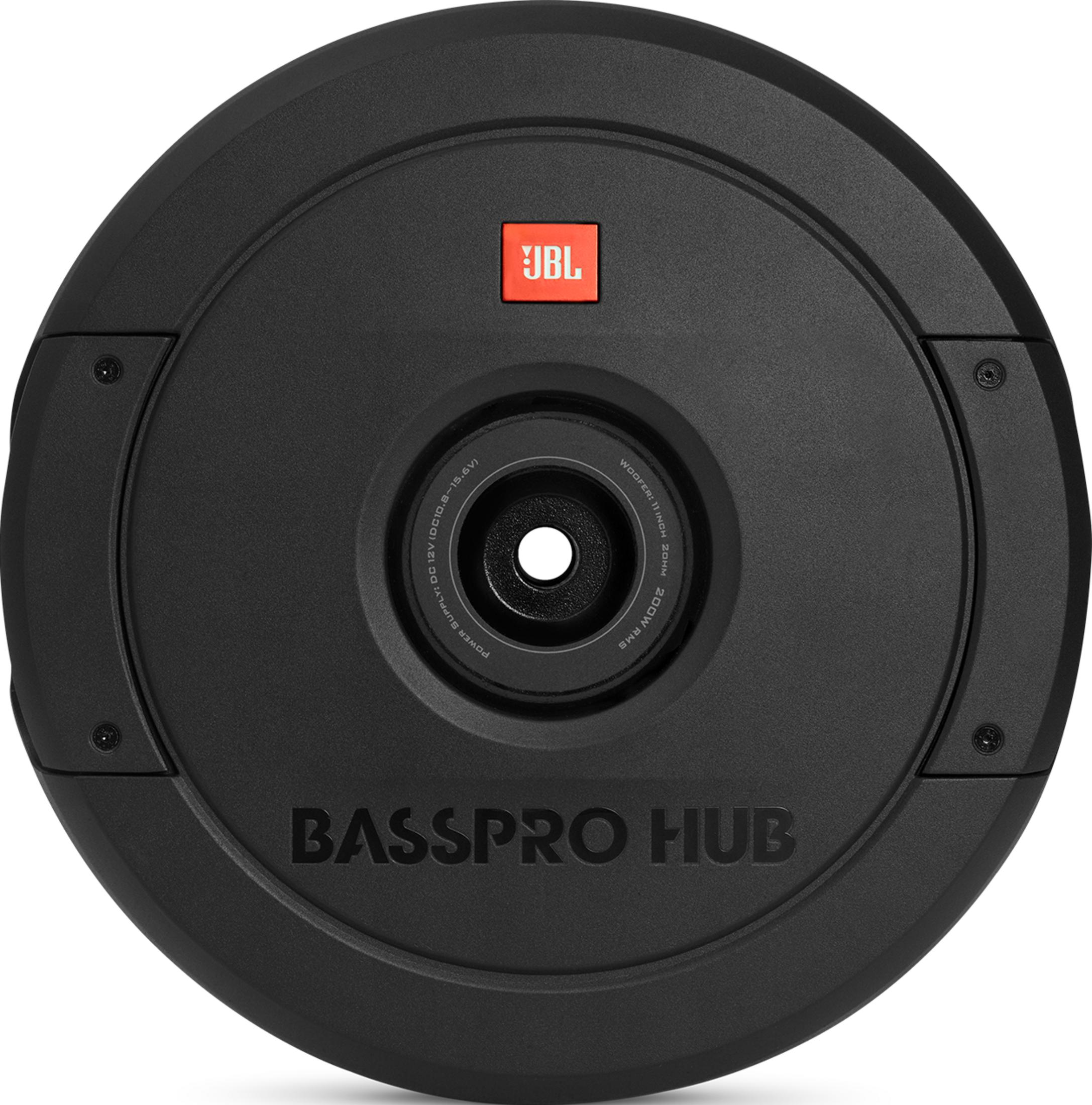 Subwoofer JBL BassPro Hub nero con logo arancione e dettagli tecnici.
