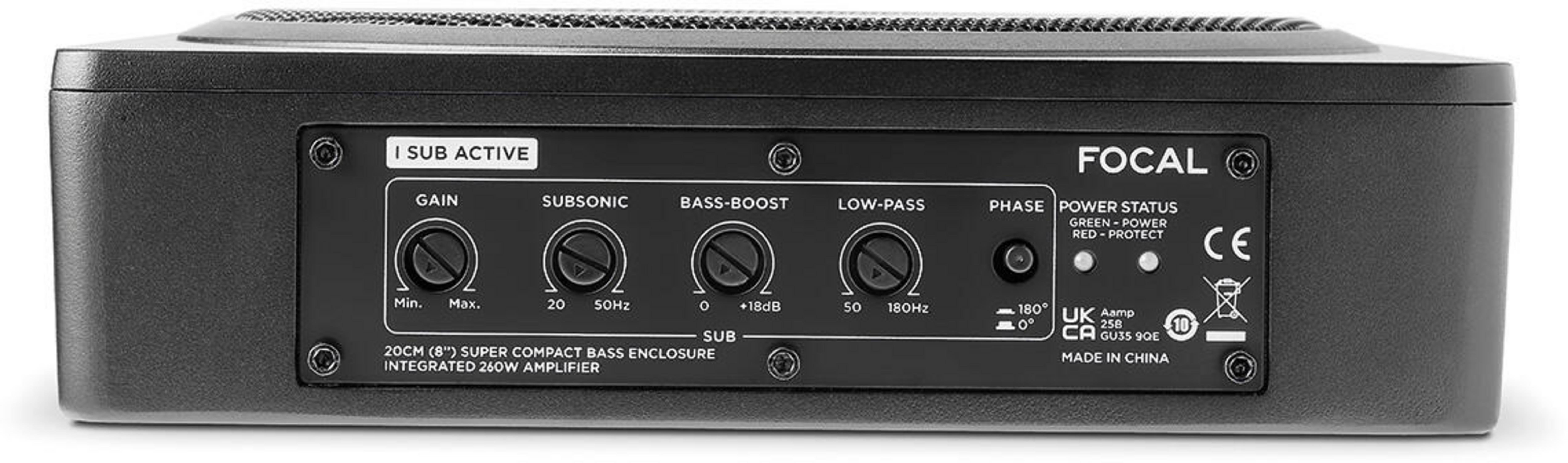 Schwarzer Subwoofer mit Bedienelementen: Gain, Subsonic, Bass-Boost, Low-Pass, Phase.