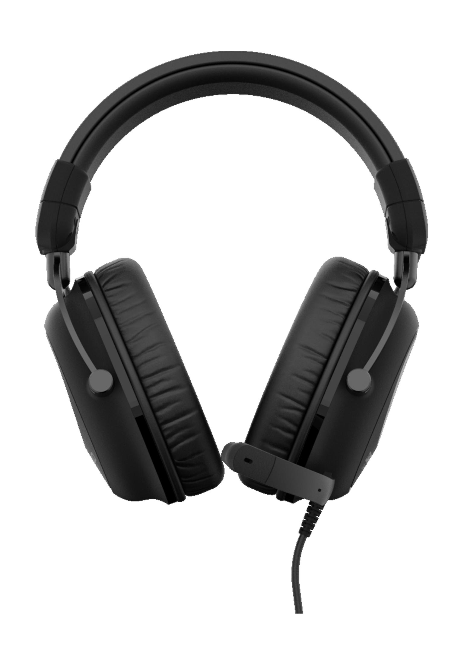 Cuffie da gaming nere con microfono e cavo, isolate su bianco.