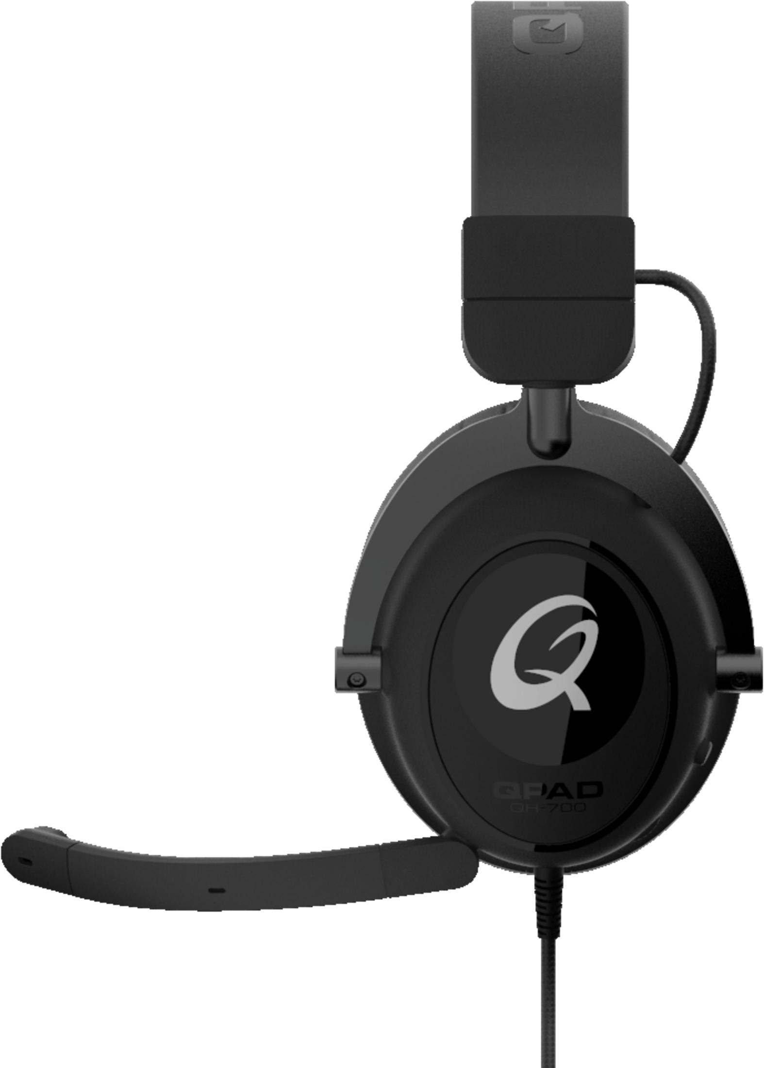 Cuffie nere con microfono, logo QPAD e cavo.