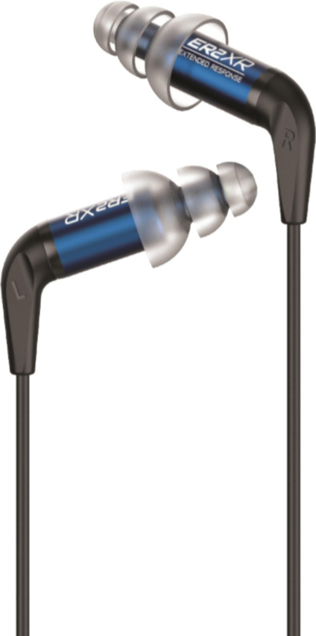 Schwarze In-Ear-Kopfhörer mit blauer Beschriftung und transparenten Ohrstöpseln.