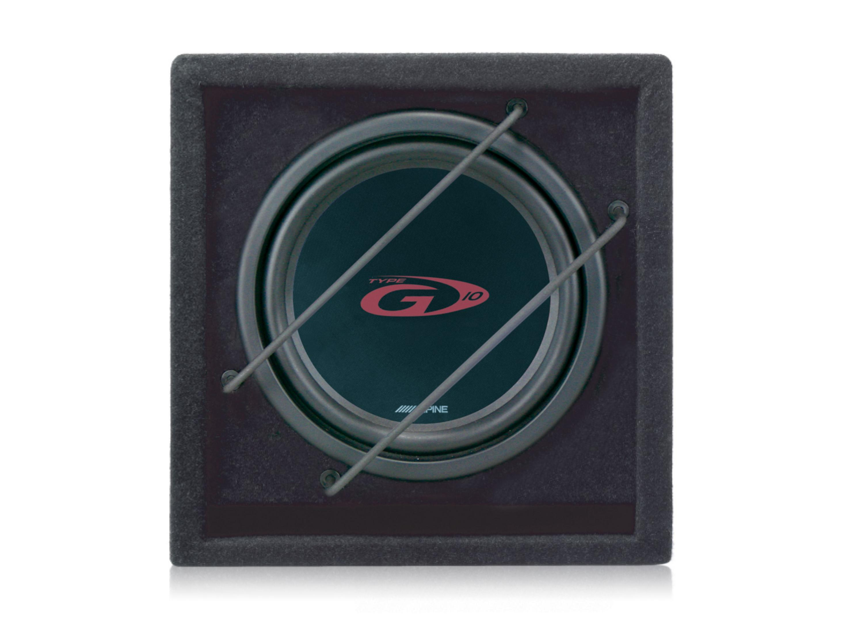 Schwarzer Subwoofer mit rotem G-Logo und Schutzgittern.