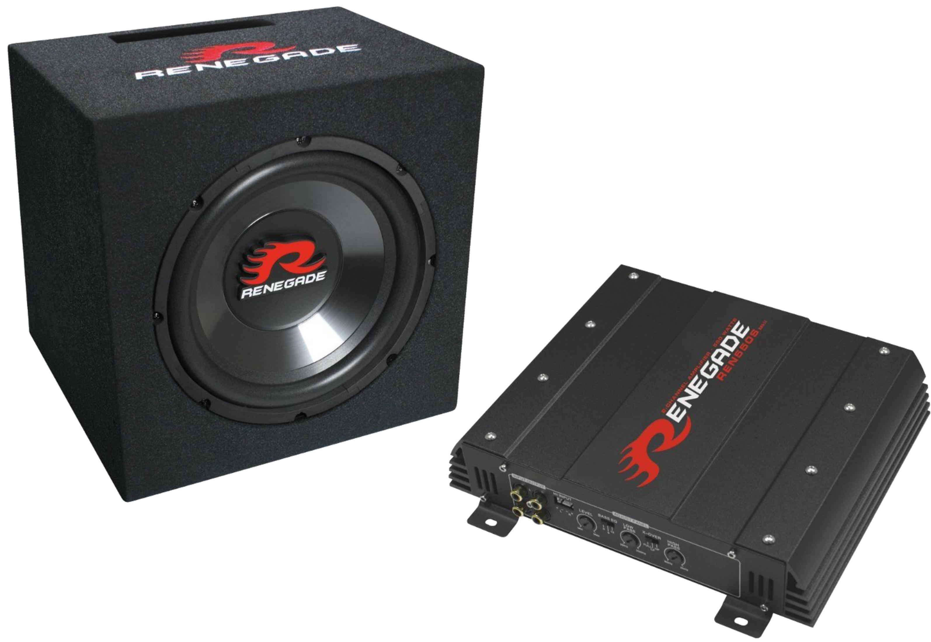 Schwarze Renegade-Subwoofer-Box und ein schwarzer Renegade-Verstärker mit roten Logos.