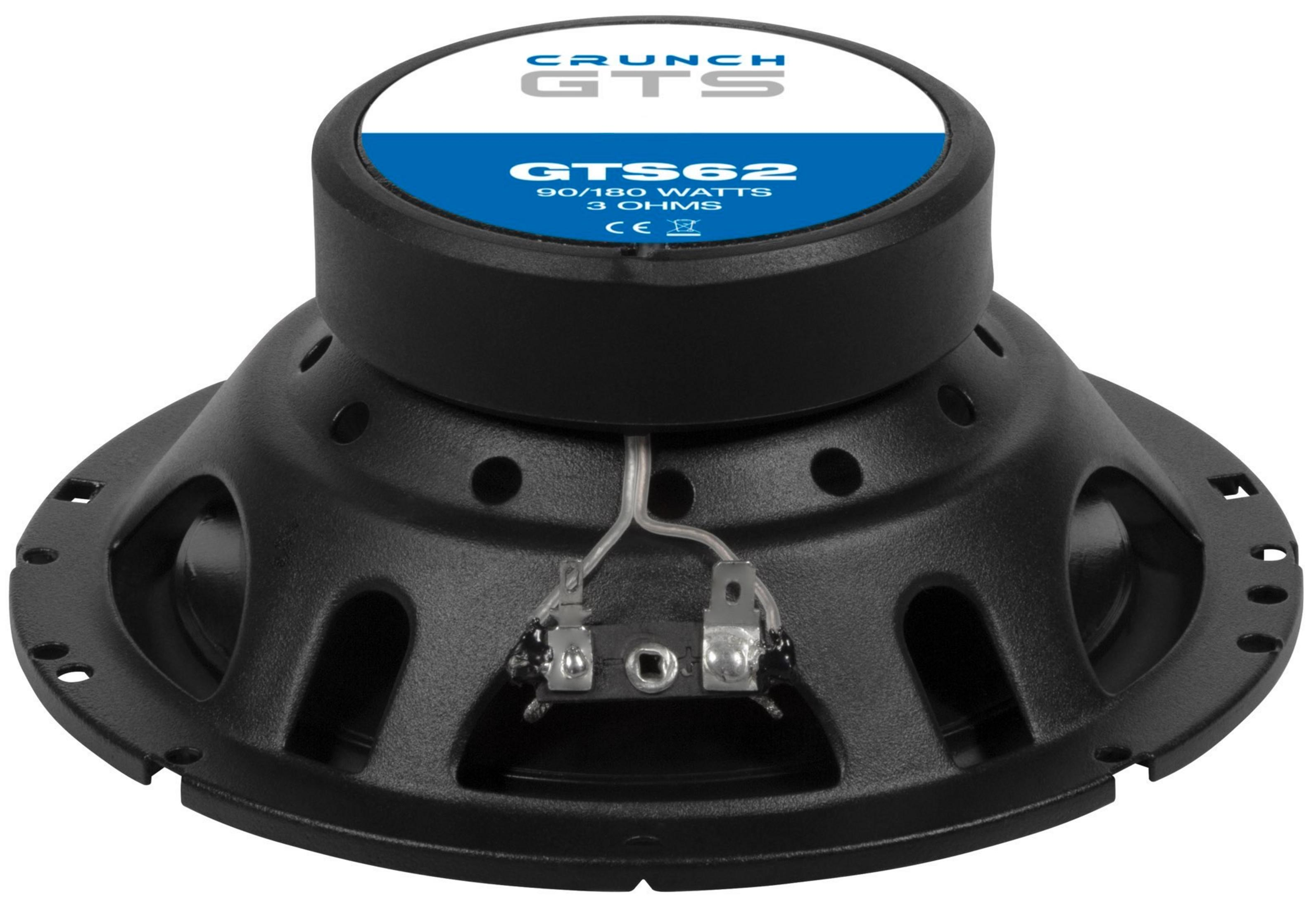 Schwarzer Lautsprecher mit weißem Etikett, das 'CRUNCH GTS' und 'GTS62 90/180 WATTS 3 OHMS' anzeigt.