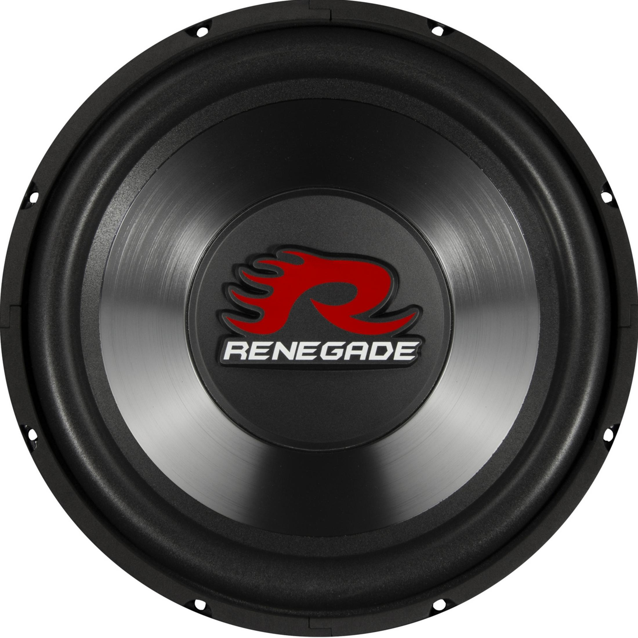 Ein schwarzer Subwoofer mit rotem Flammenlogo und Schriftzug RENEGADE.