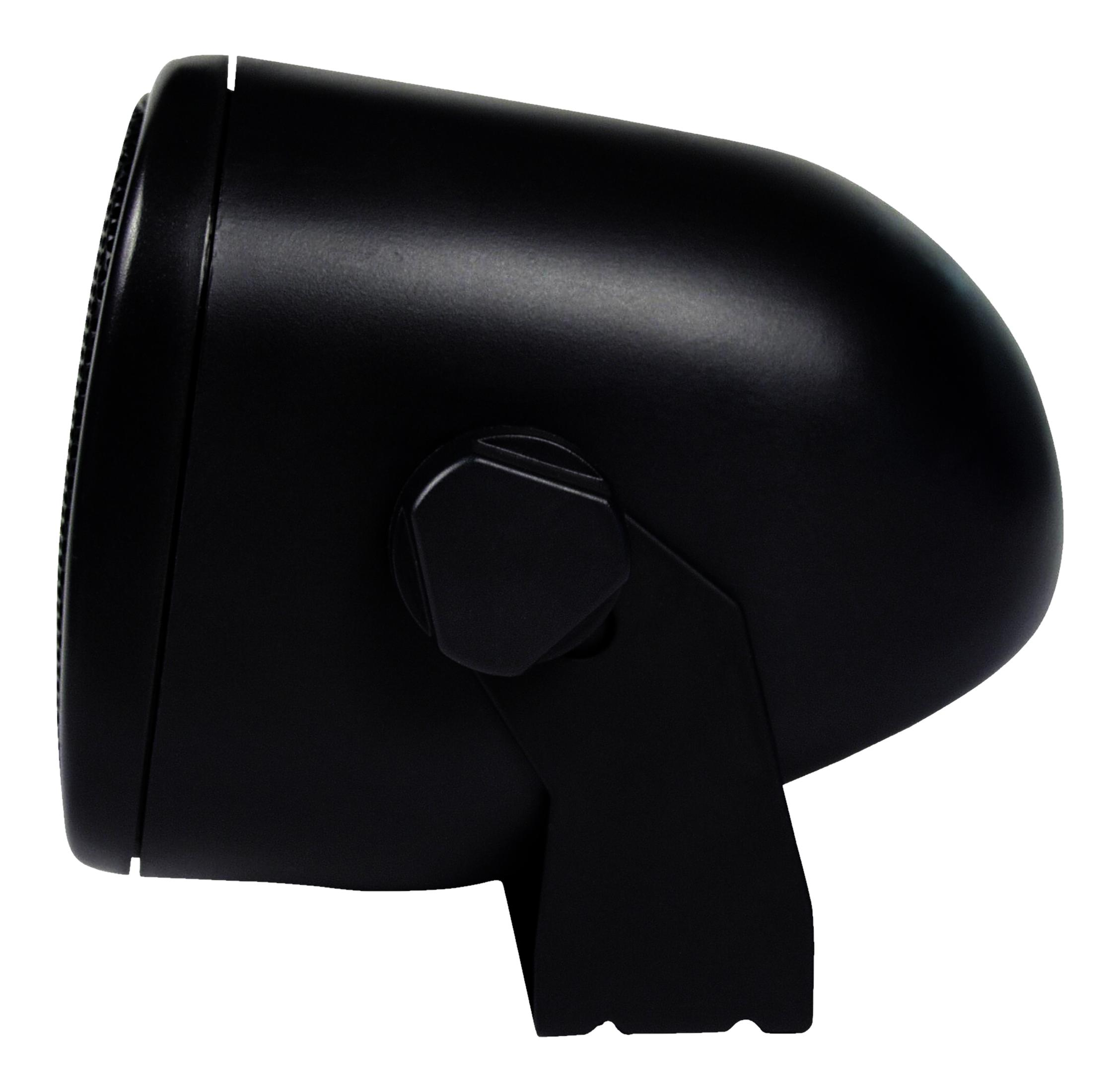 Black speaker with adjustable mount, viewed from the side.