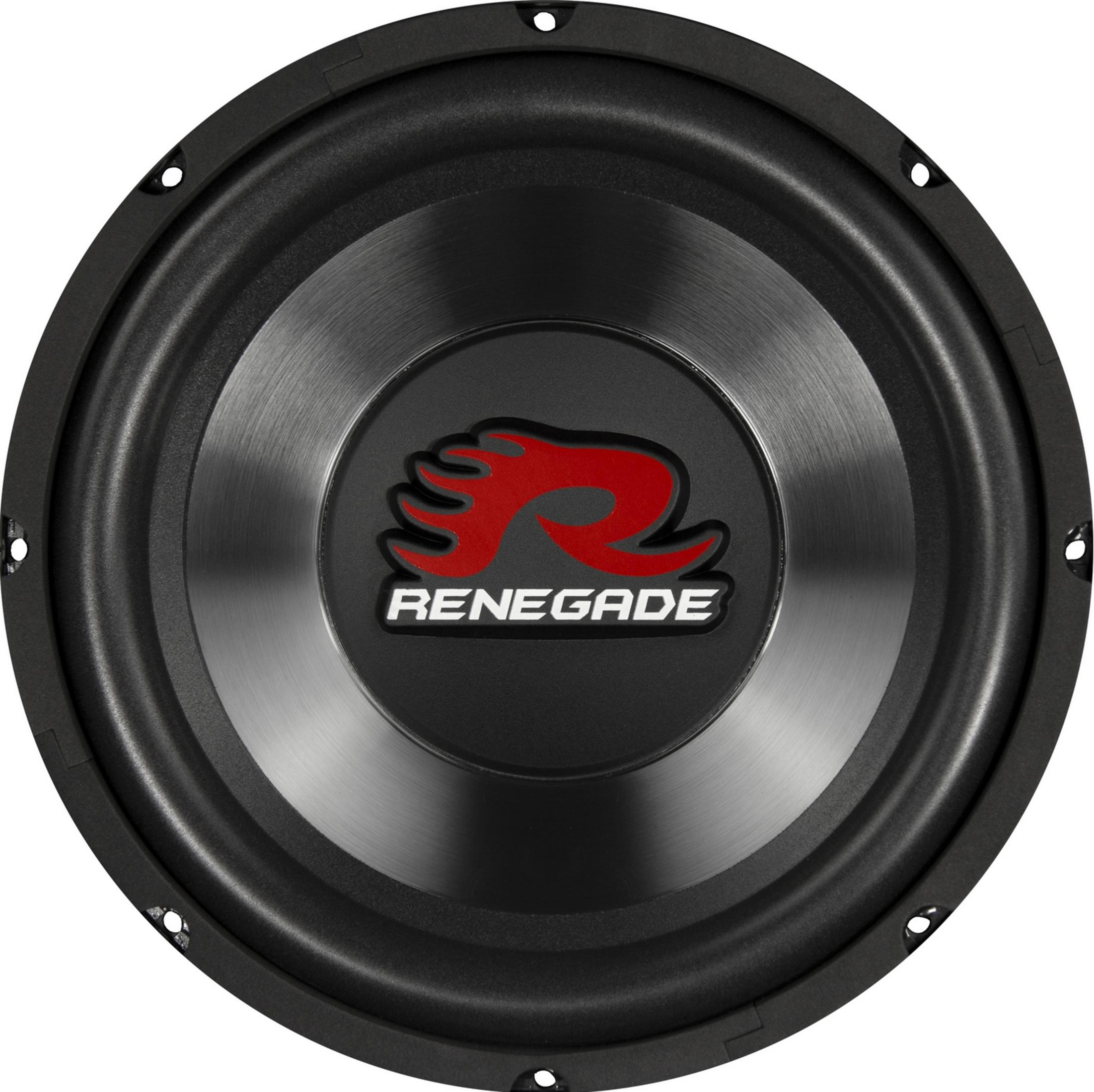 Schwarzer Subwoofer mit silbernem Zentrum und rotem Renegade-Logo.
