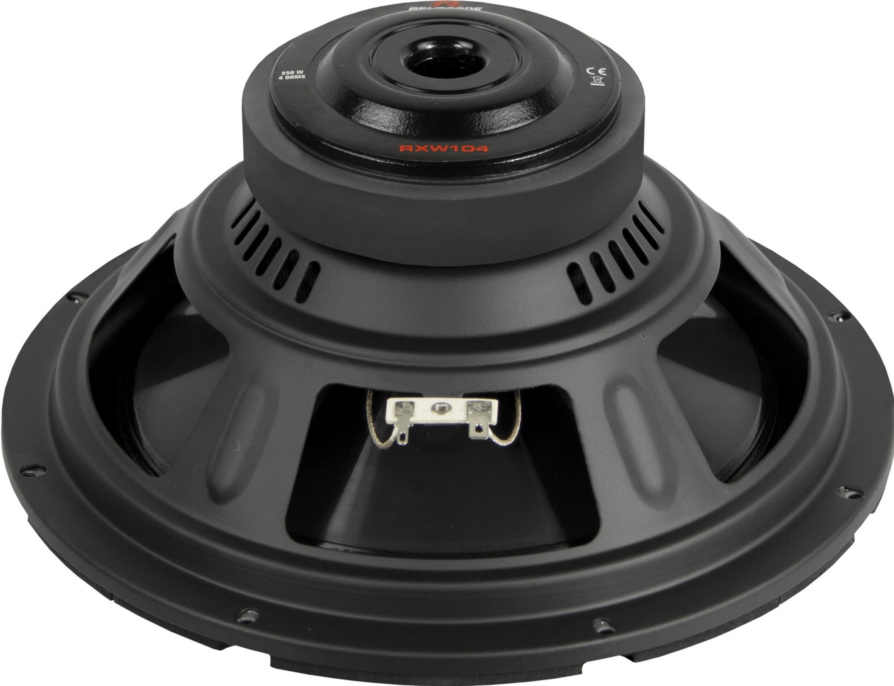 Schwarzer Subwoofer mit silbernen Anschlüssen und Beschriftung RXW104.