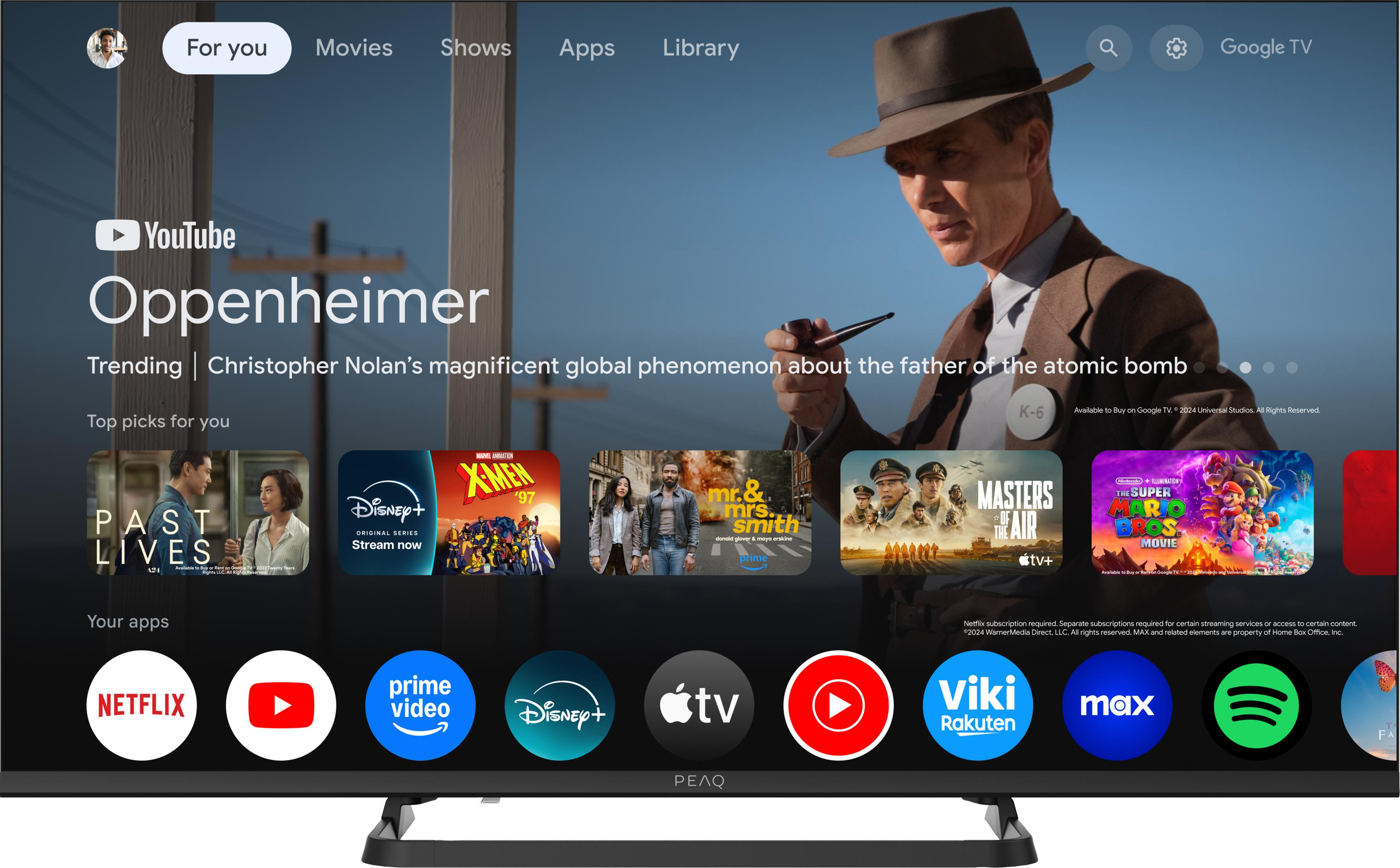 TV-Startseite mit "Oppenheimer"-Poster. Links "Top-Picks" und "Apps".