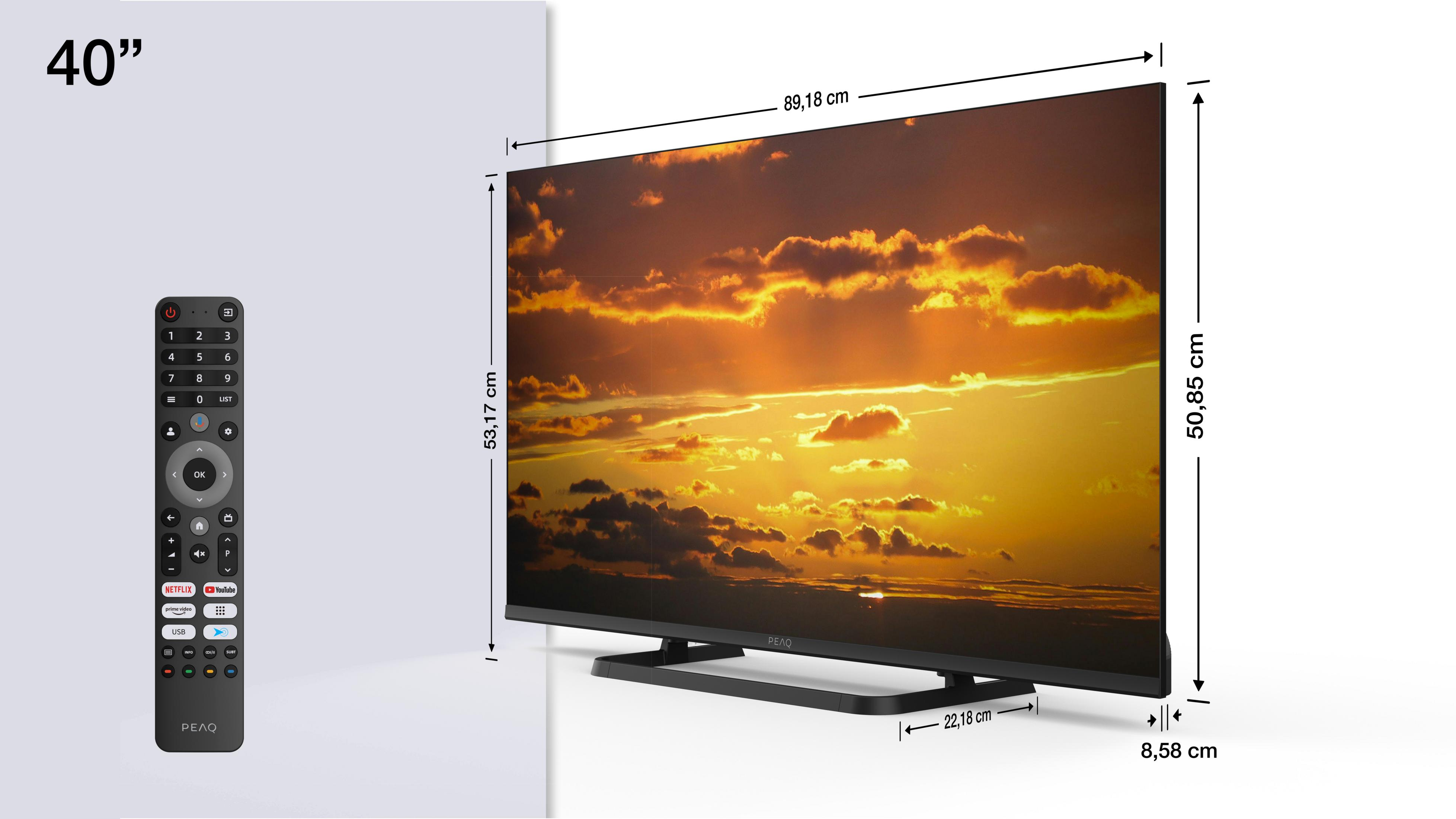40-Zoll-Fernseher mit Fernbedienung und Maßen.