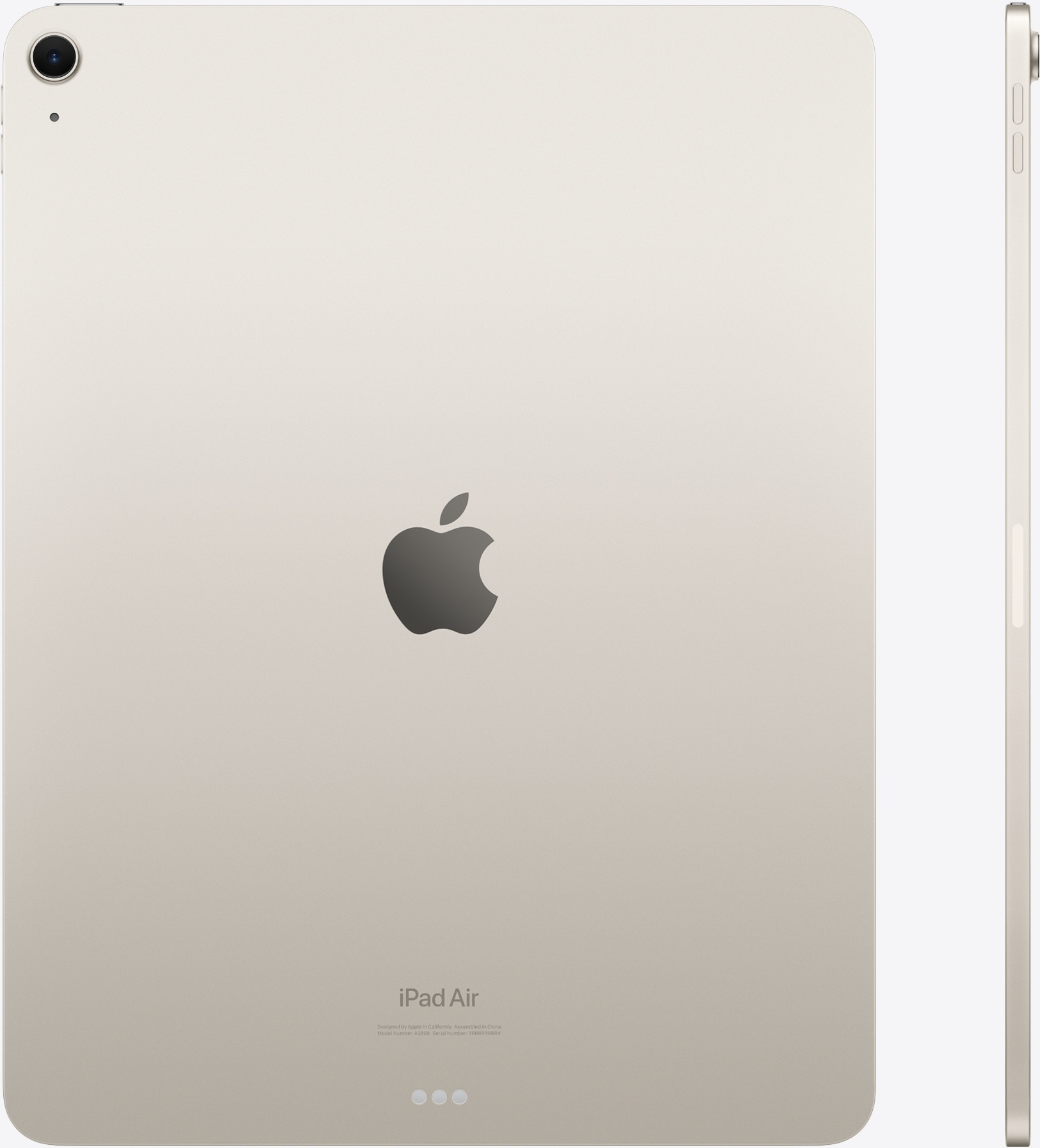 Ein hellgoldenes iPad Air mit Apple-Logo auf der Rückseite und Kamera oben links.