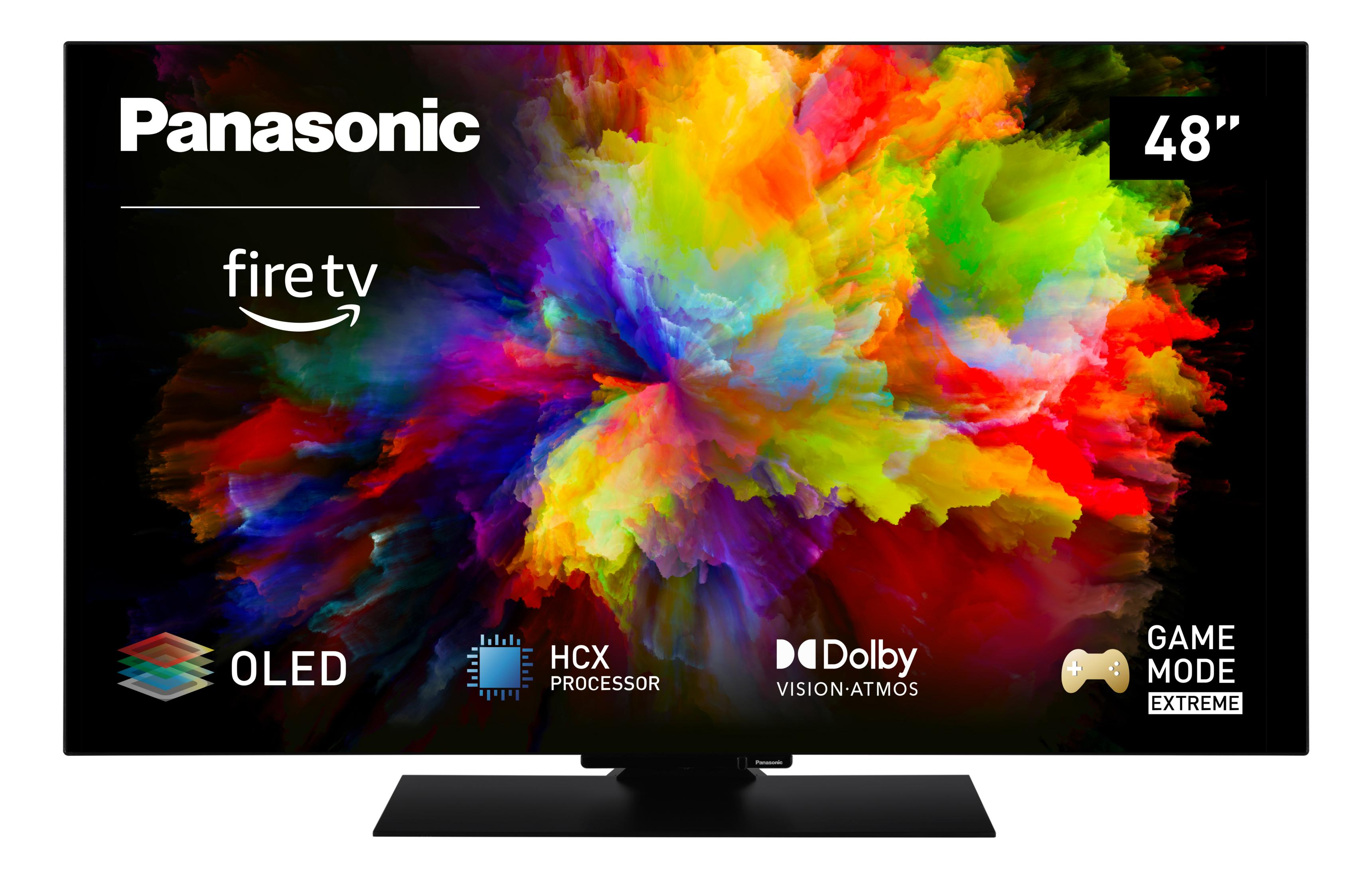 Un televisor OLED Panasonic de 48 pulgadas con Fire TV y colores vibrantes.