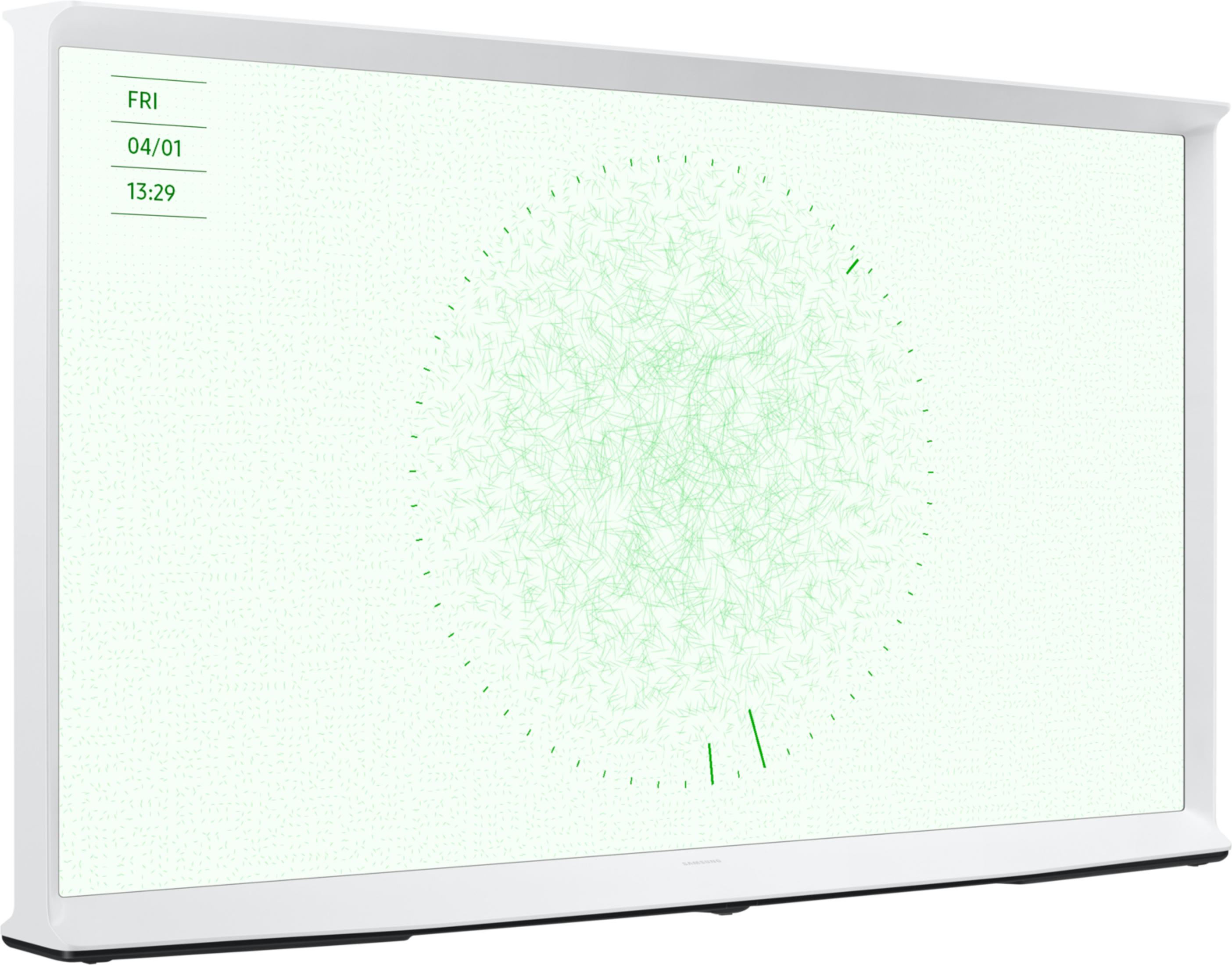 Una TV bianca mostra data, ora e una grafica astratta verde.