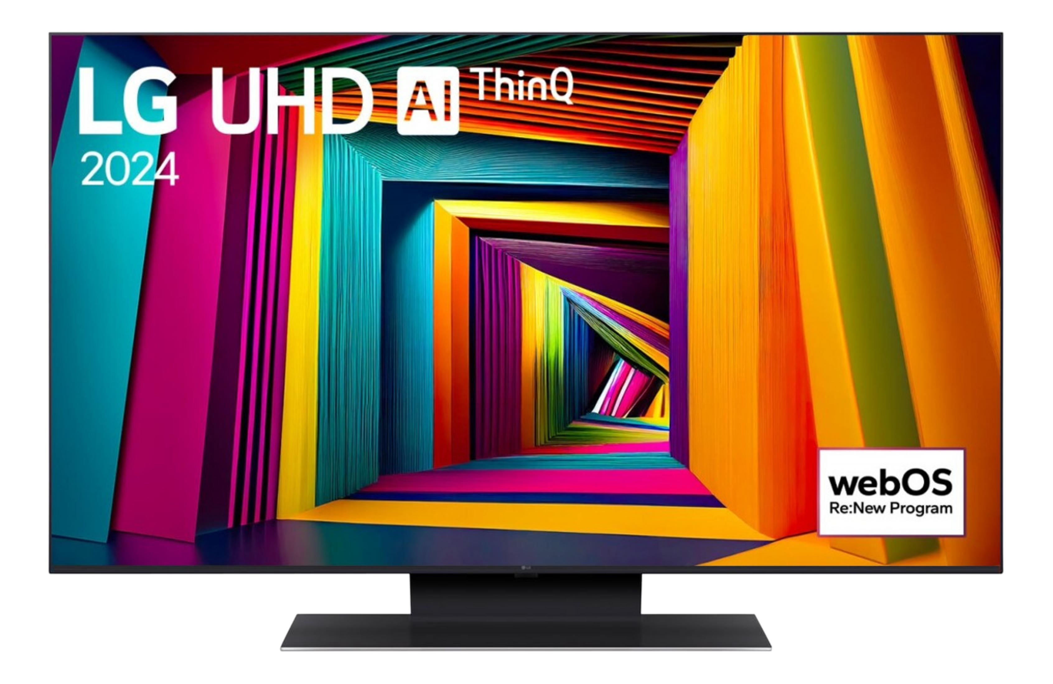 Telewizor LG UHD AI ThinQ z kolorowym, perspektywicznym tłem.