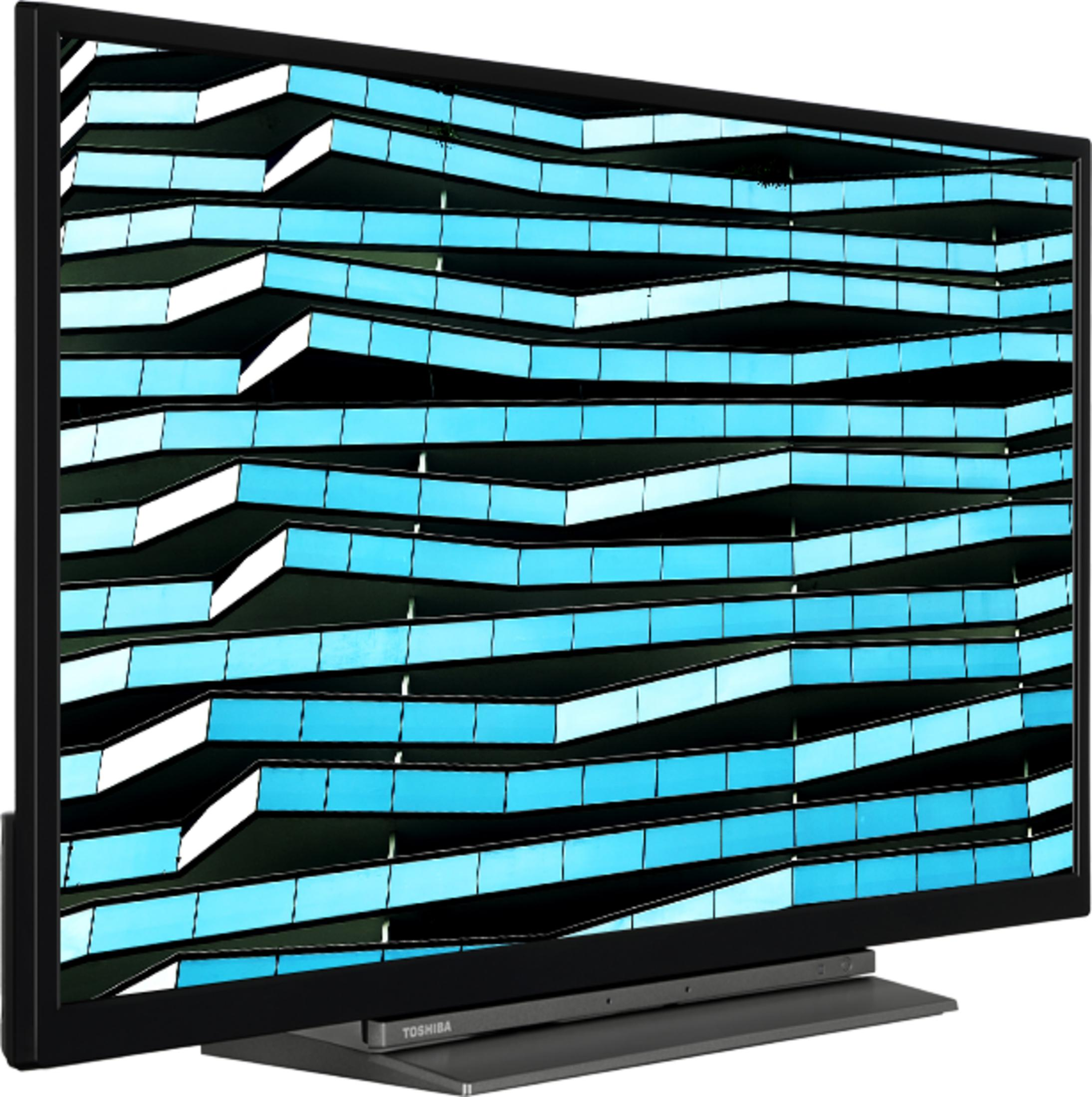 Un televisor moderno muestra un edificio con ventanas azules y detalles blancos.