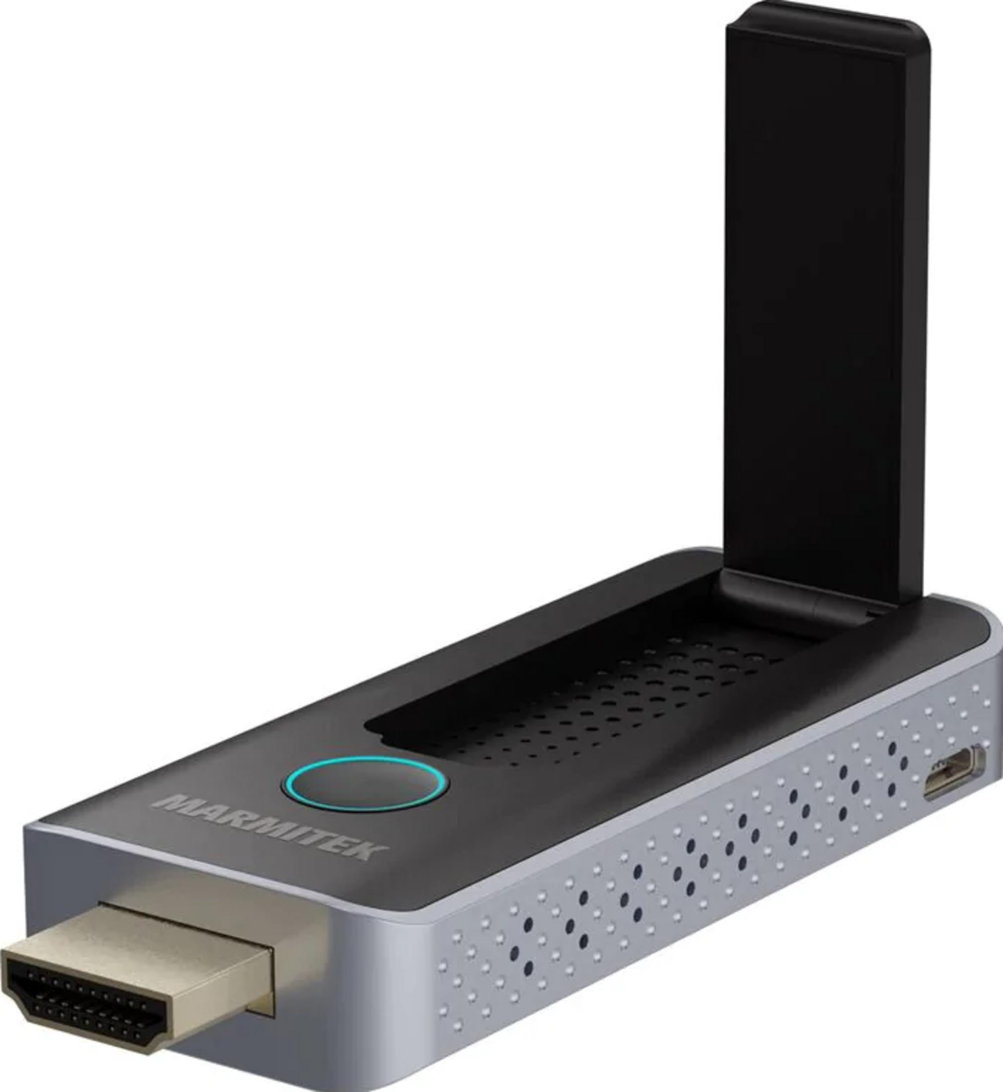 Un dongle HDMI plateado y negro con antena y luz azul.