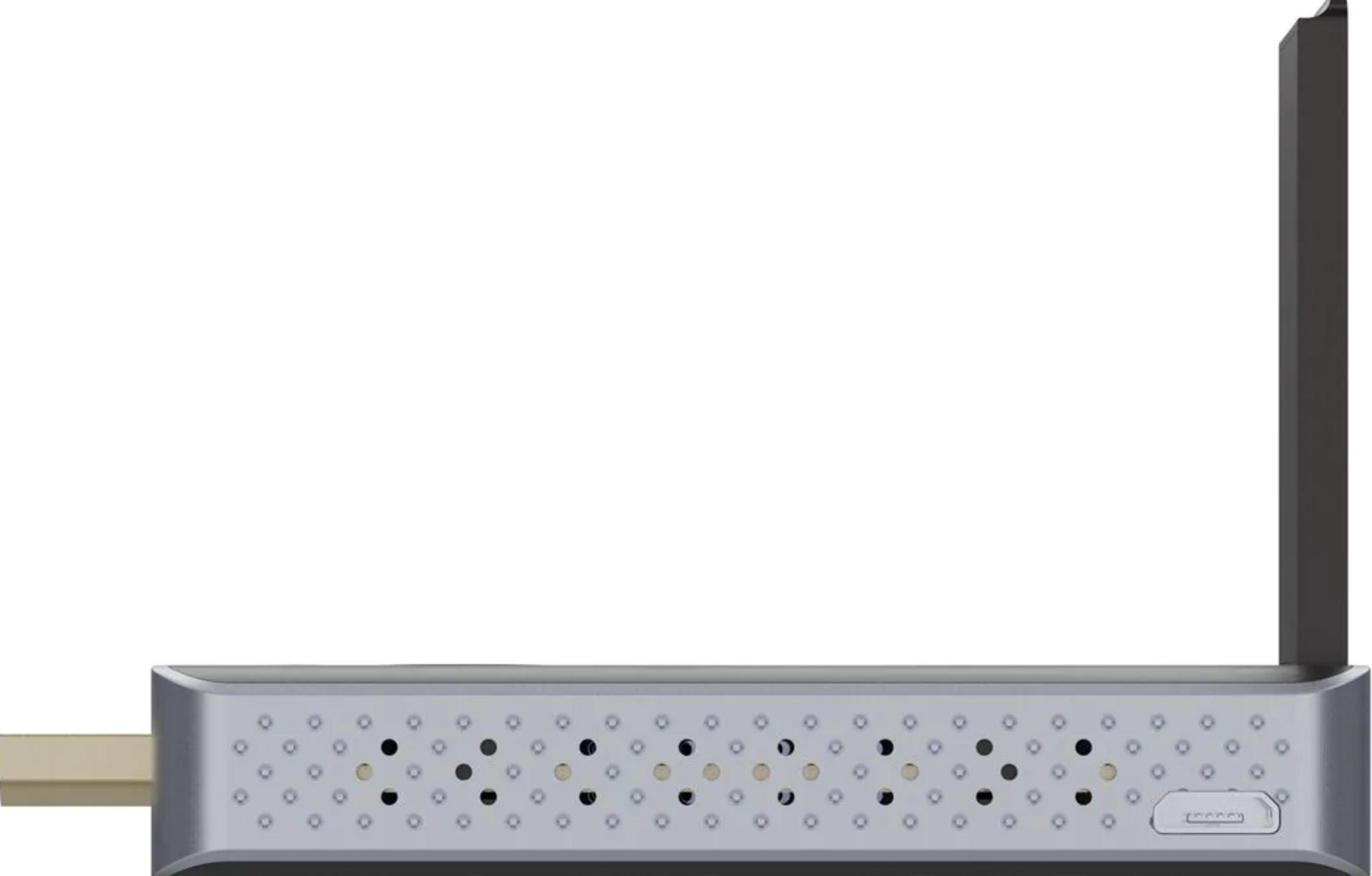 A silver device with ventilation holes and a USB port.