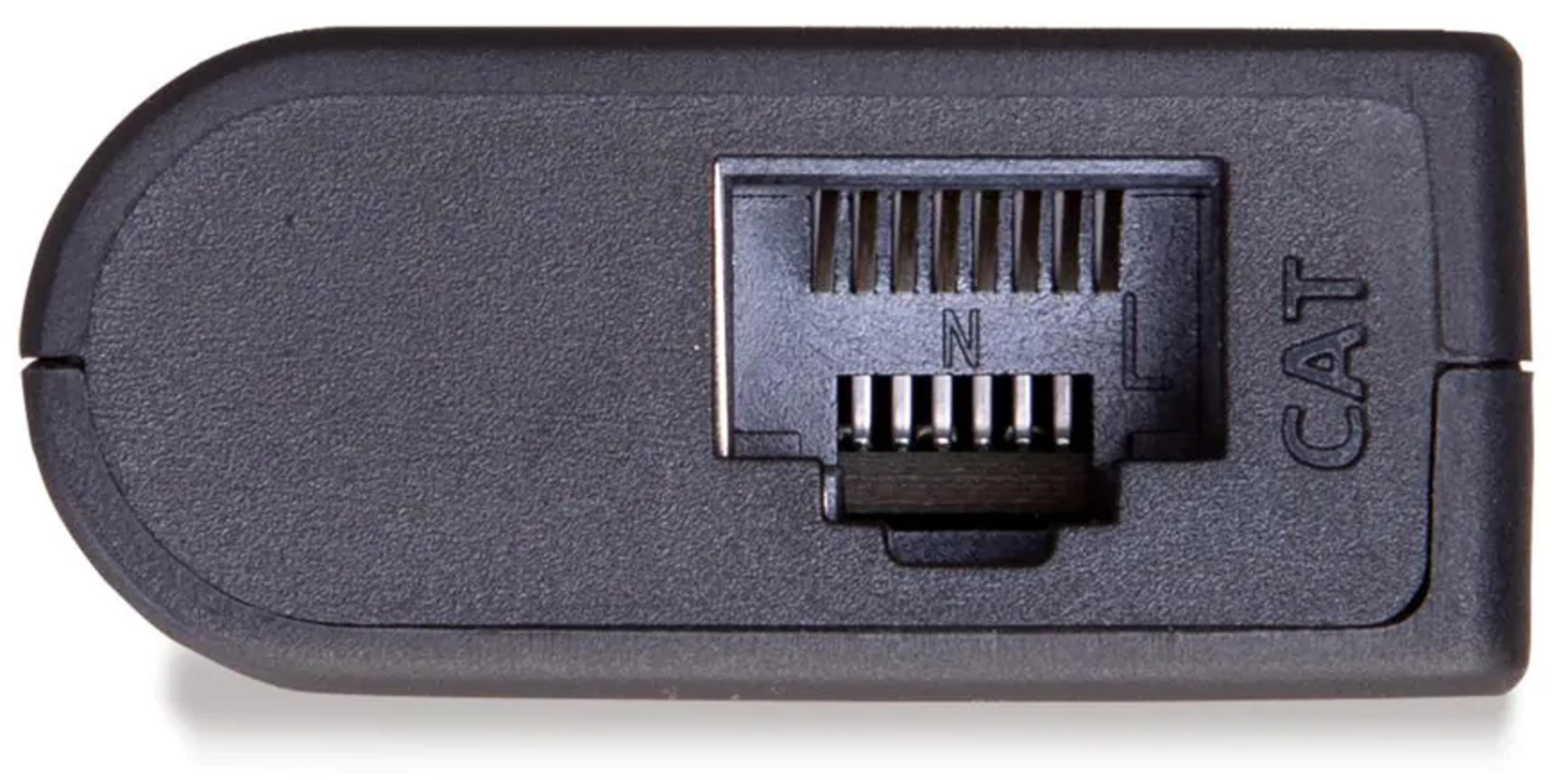 Black casing with an RJ45 port and "CAT" labeling.