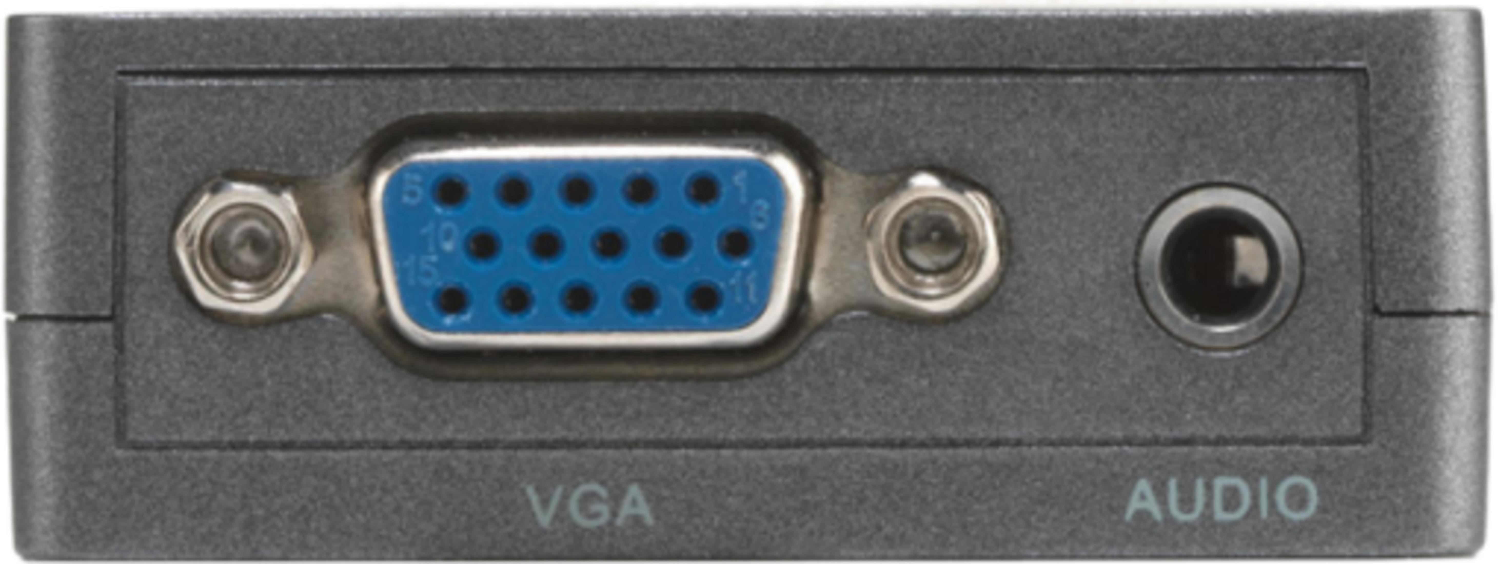Gray casing with VGA and audio ports.