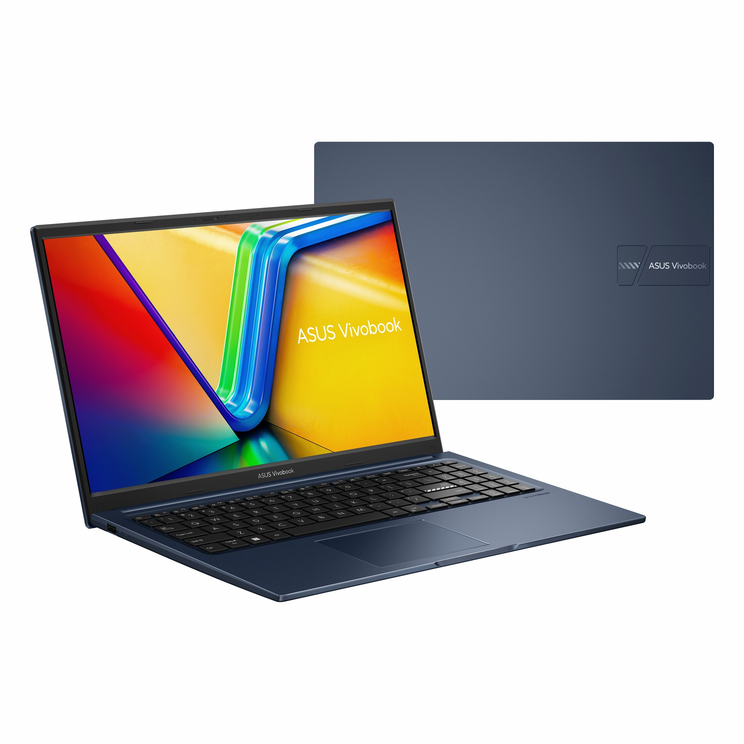Renkli ekranlı ve klavyeli mavi bir ASUS Vivobook dizüstü bilgisayar.