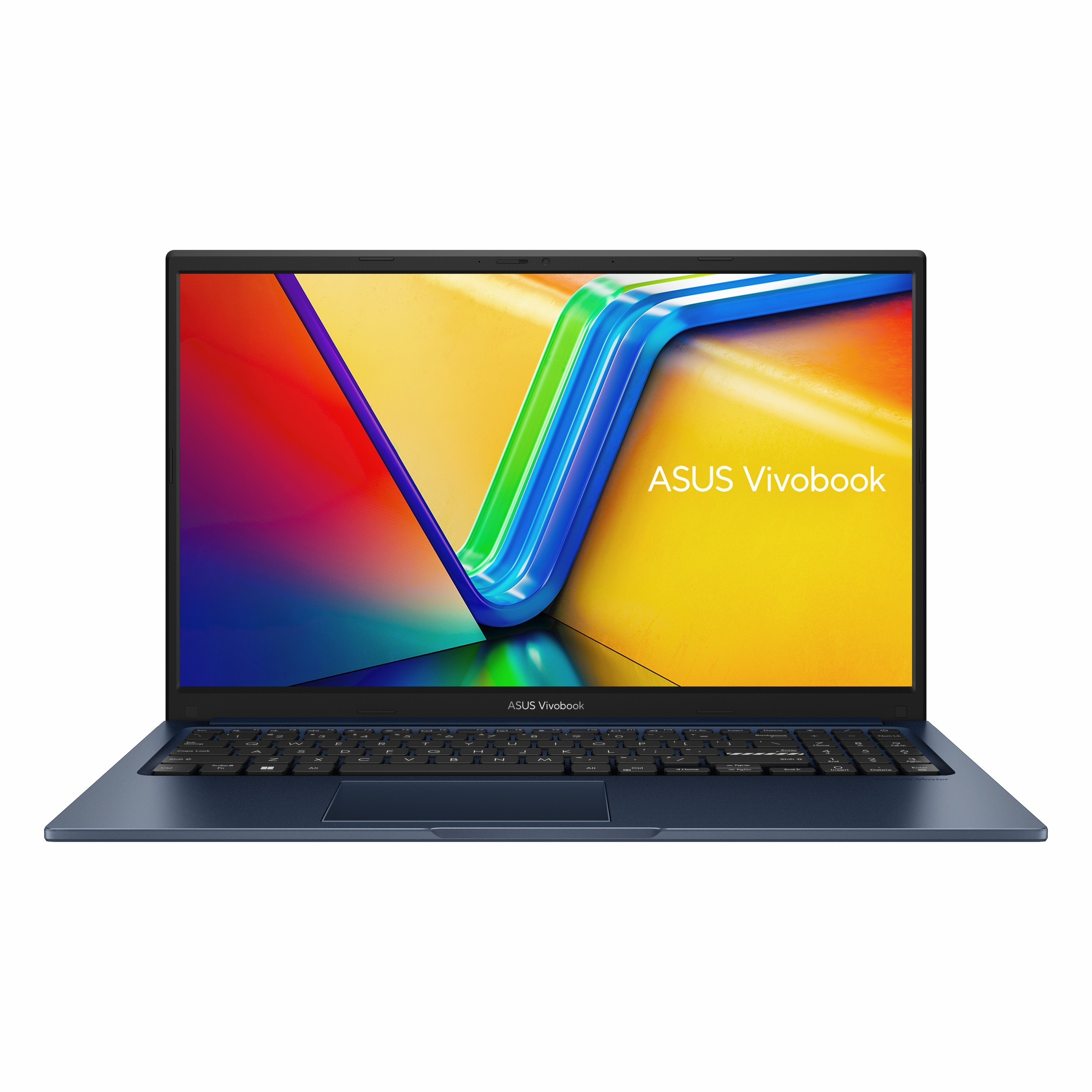 Renkli arka planı ve klavyesi olan lacivert ASUS Vivobook dizüstü bilgisayar.