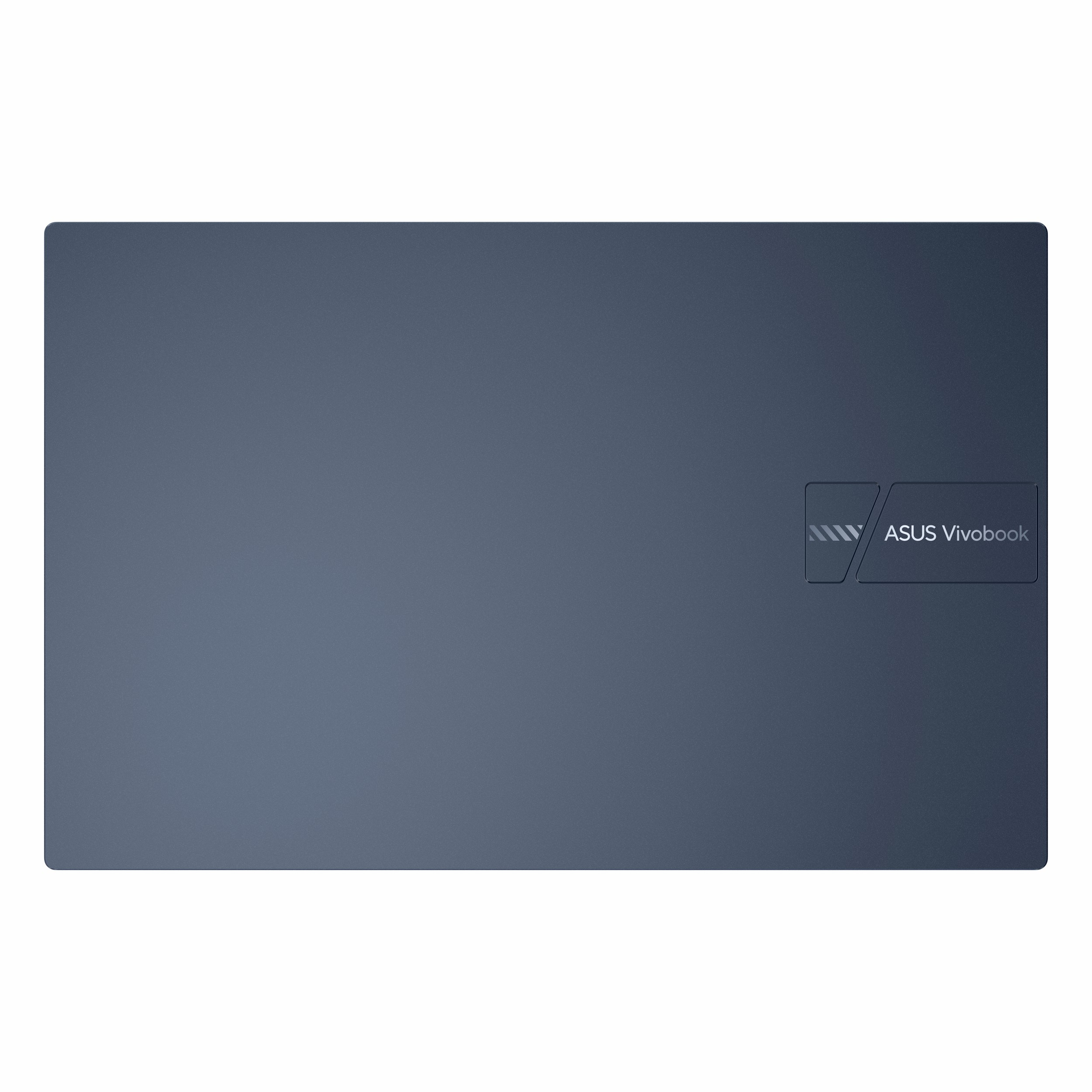 Koyu mavi bir dizüstü bilgisayar, kapağında Asus Vivobook logosu var.